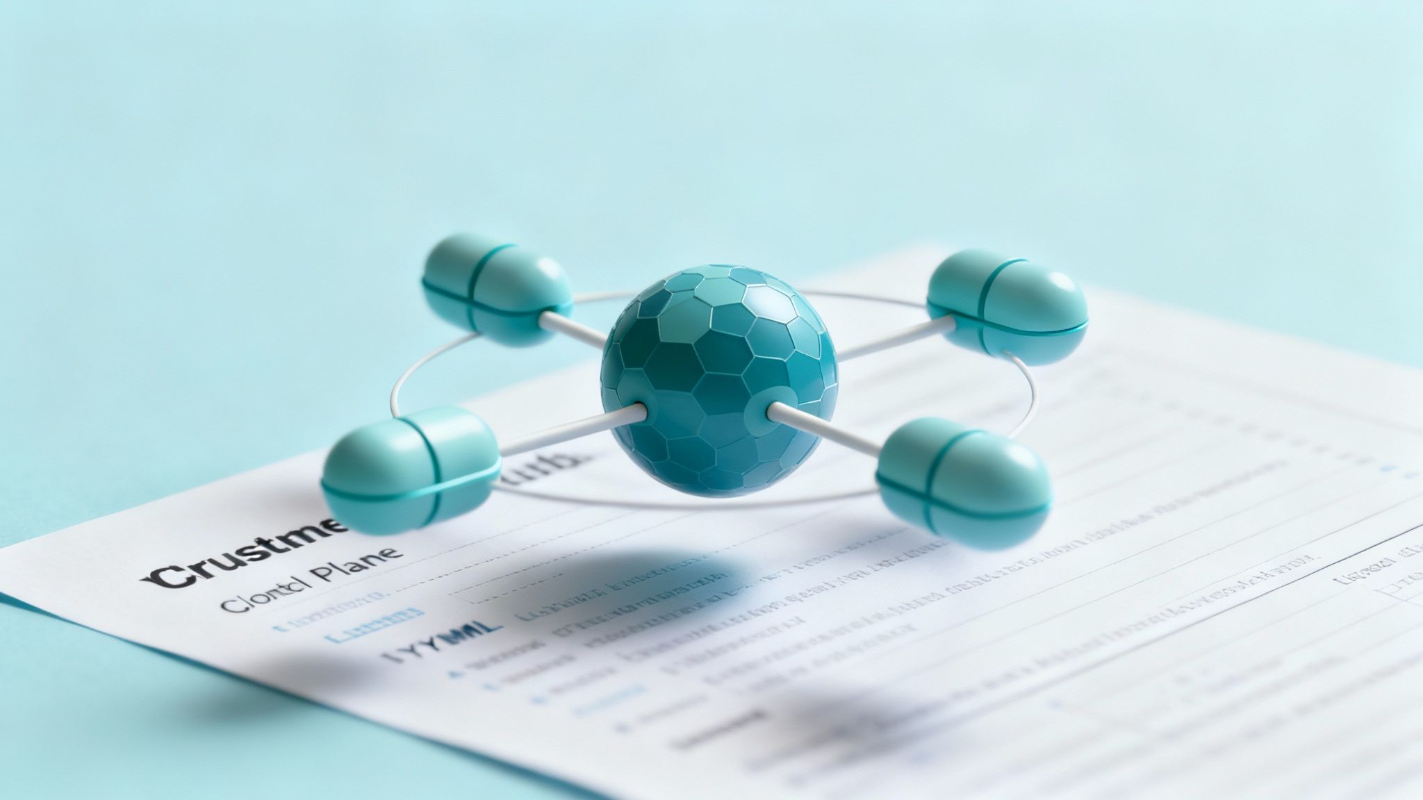 A 3D model of a teal molecular structure sits on a document on a light blue surface.