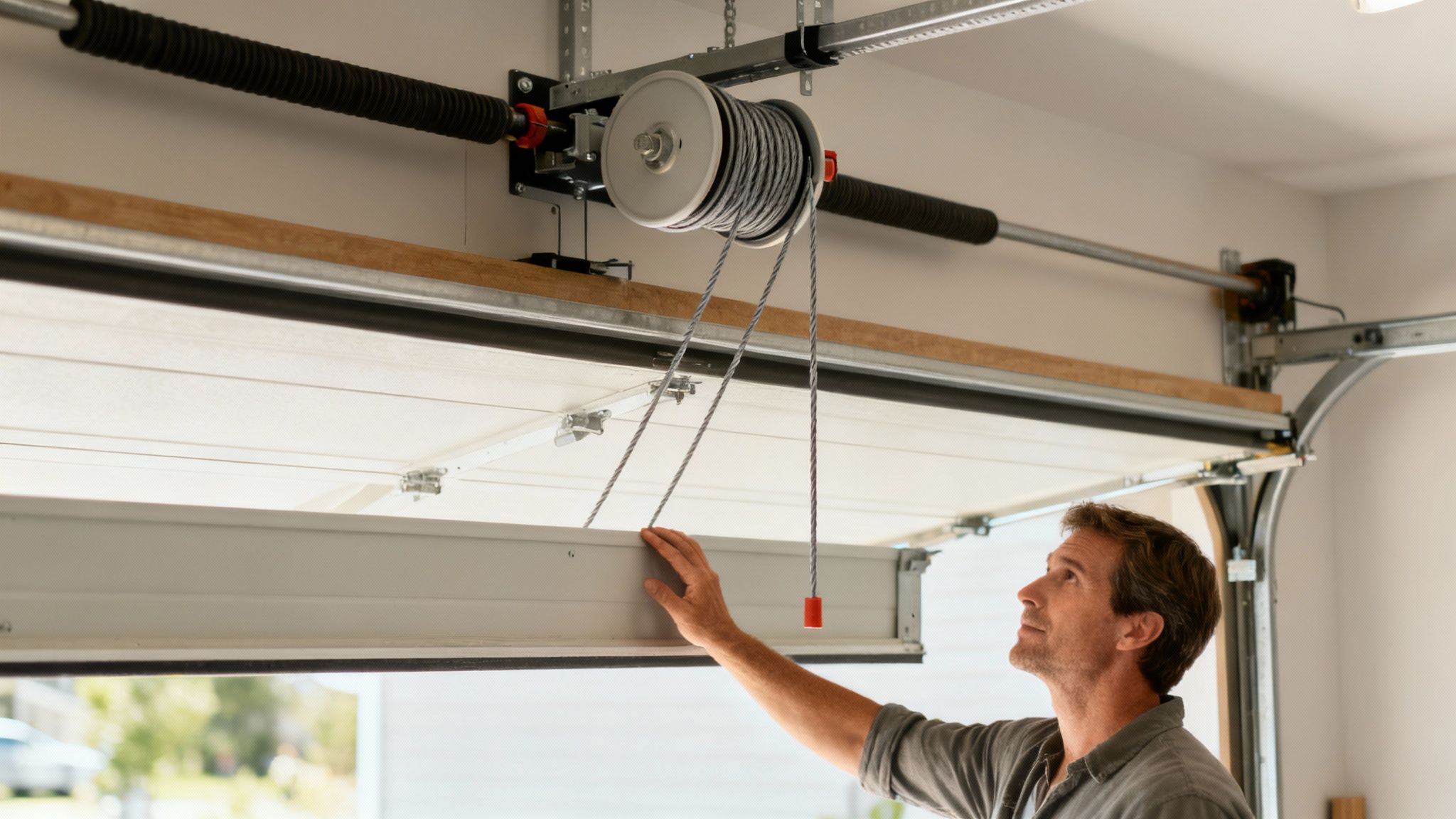 A man inspects the intricate spring and cable system of an open garage door, his hand on the panel.