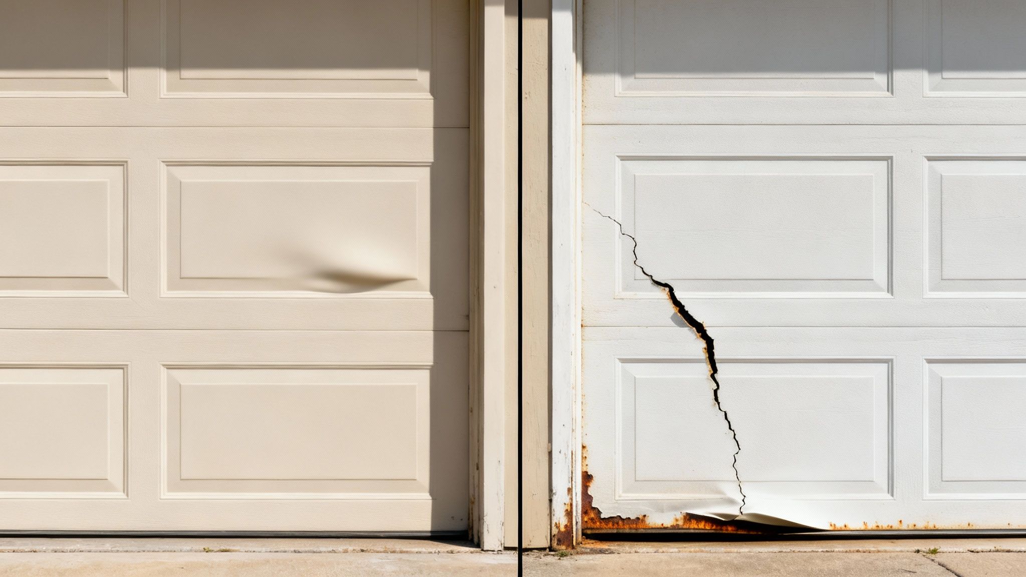 Two damaged garage doors side by side, one with a dent and the other with a large crack and rust.