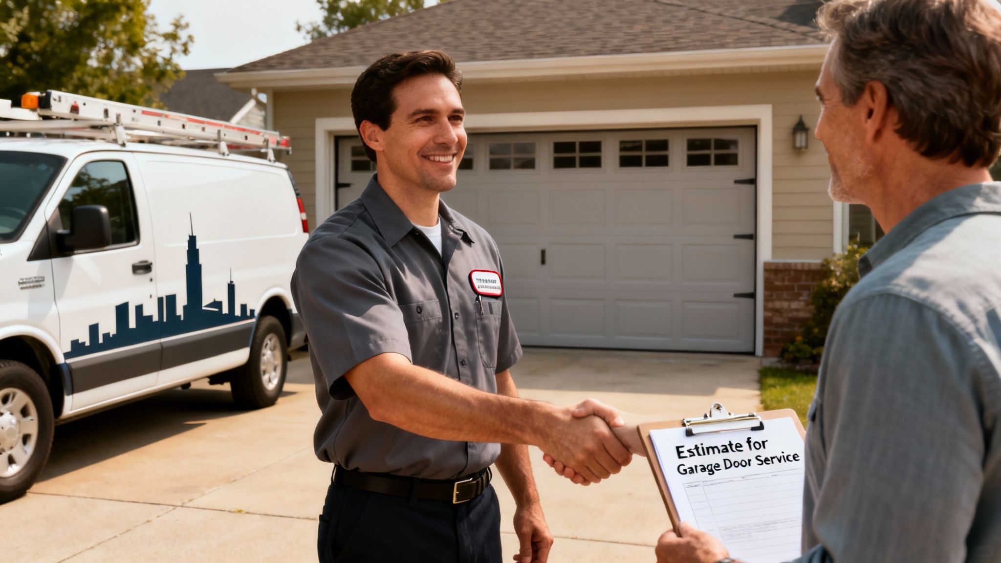 A smiling garage door technician shakes hands with a customer holding an estimate for service.