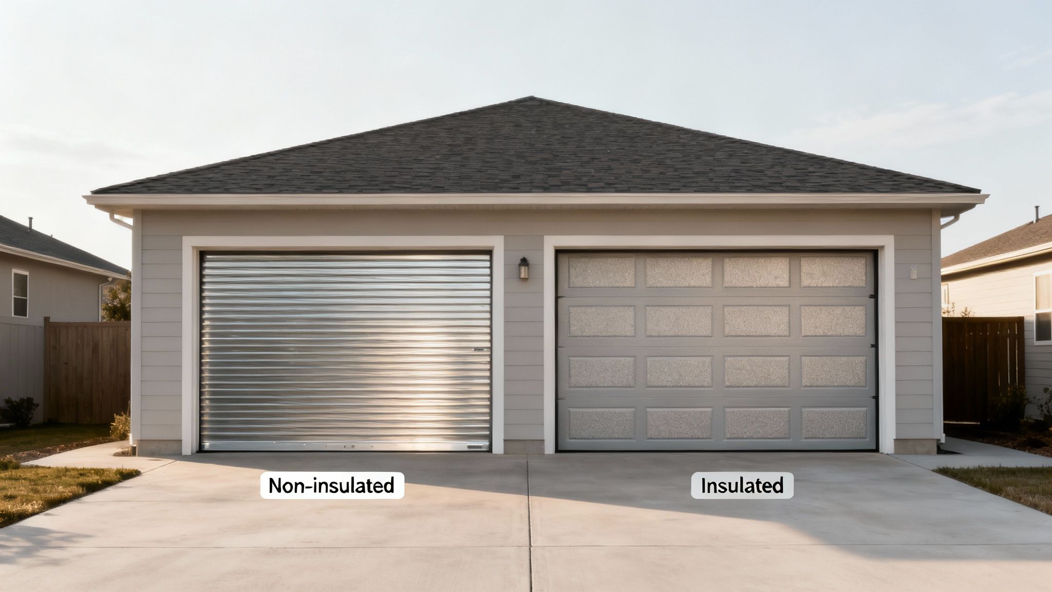 A side-by-side comparison of a non-insulated metallic roll-up garage door and an insulated gray panel garage door.