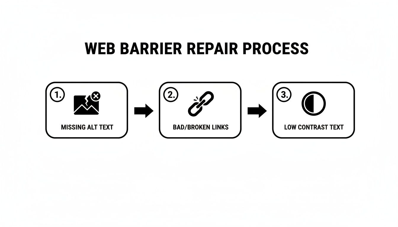 A flowchart outlining the web barrier repair process with steps for missing alt text, broken links, and low contrast text.