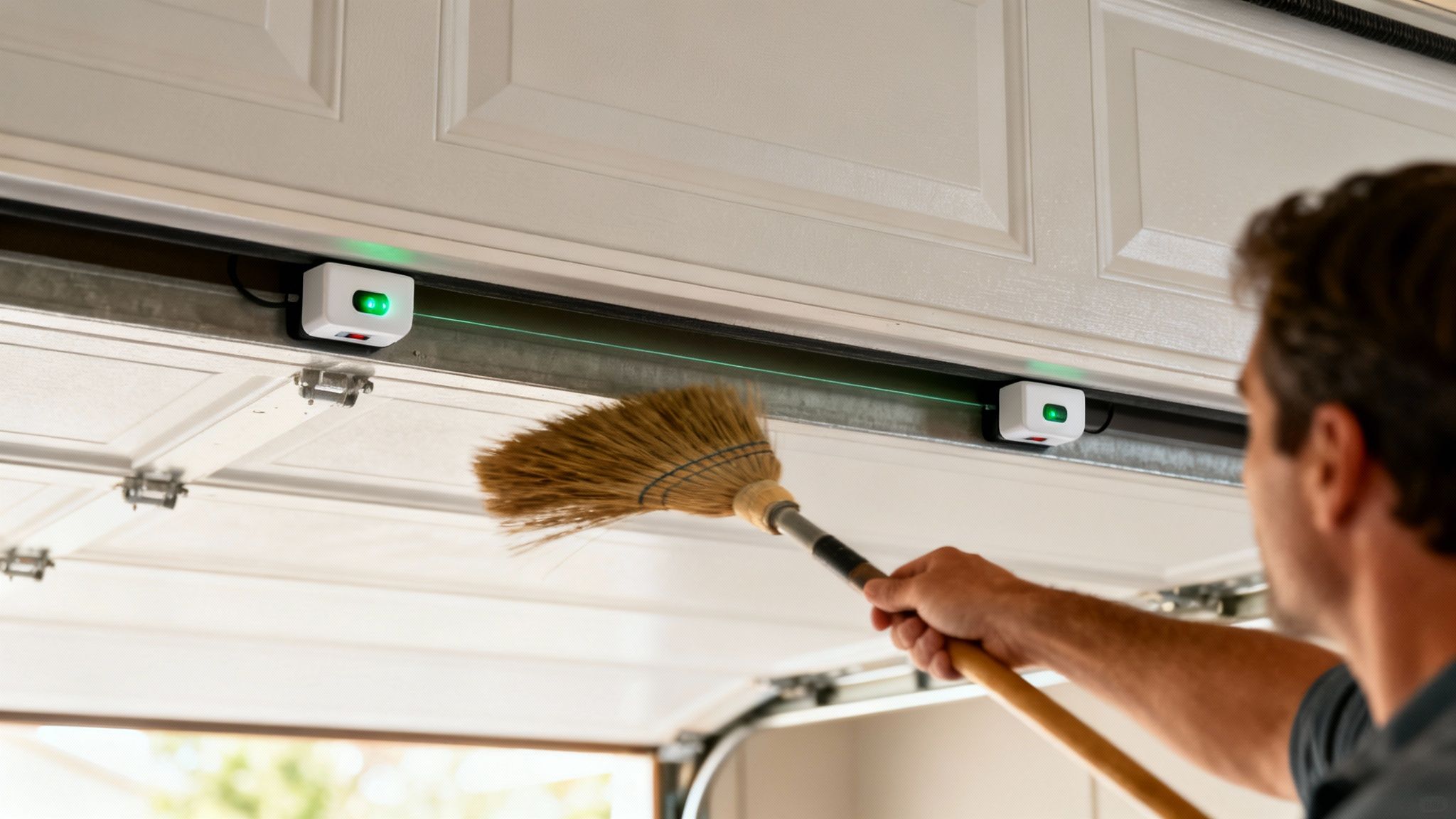 A man uses a broom to test garage door safety sensors and their green laser beam.
