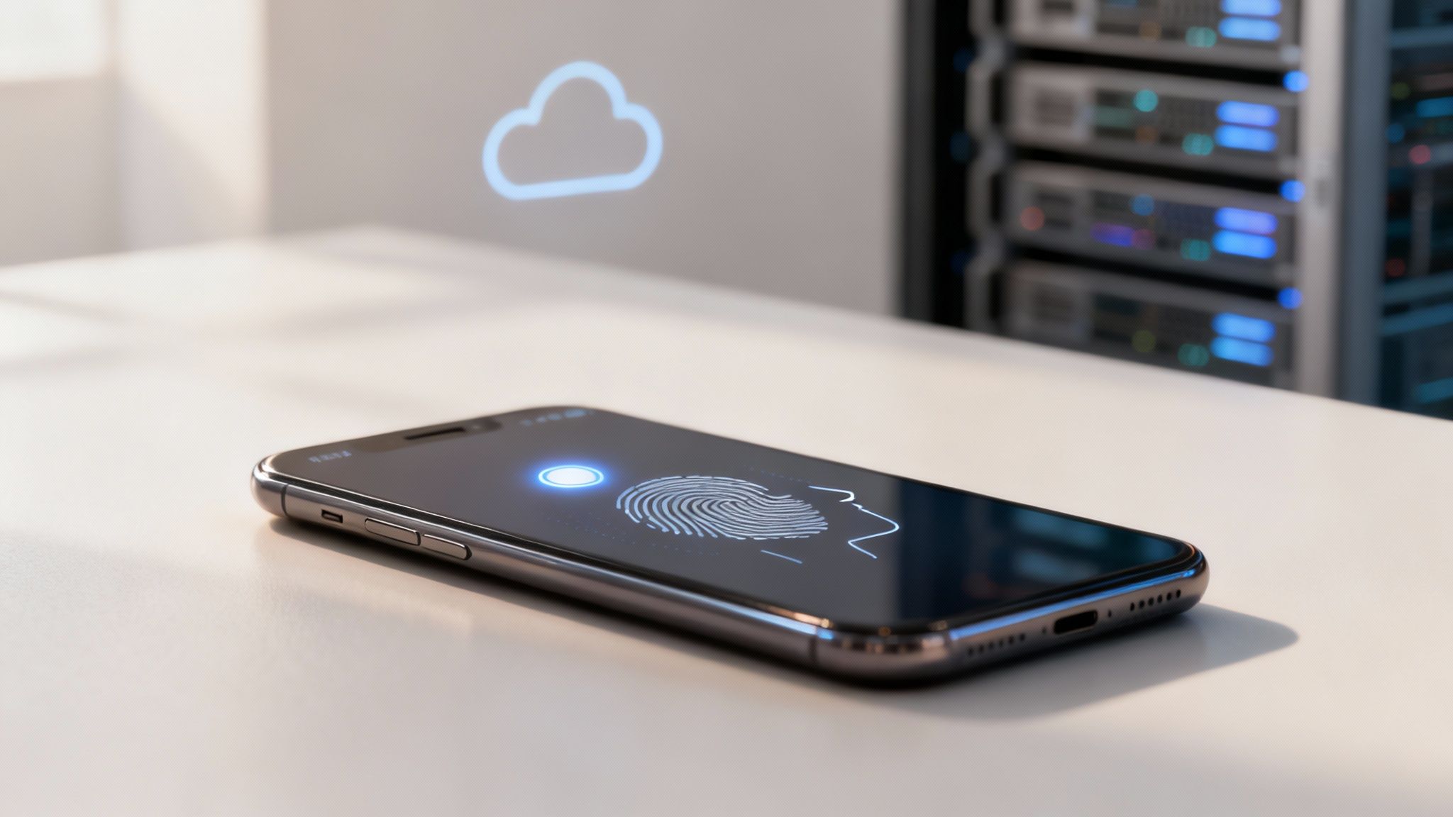 Smartphone displaying biometric authentication with fingerprint and face ID, in a data center environment.