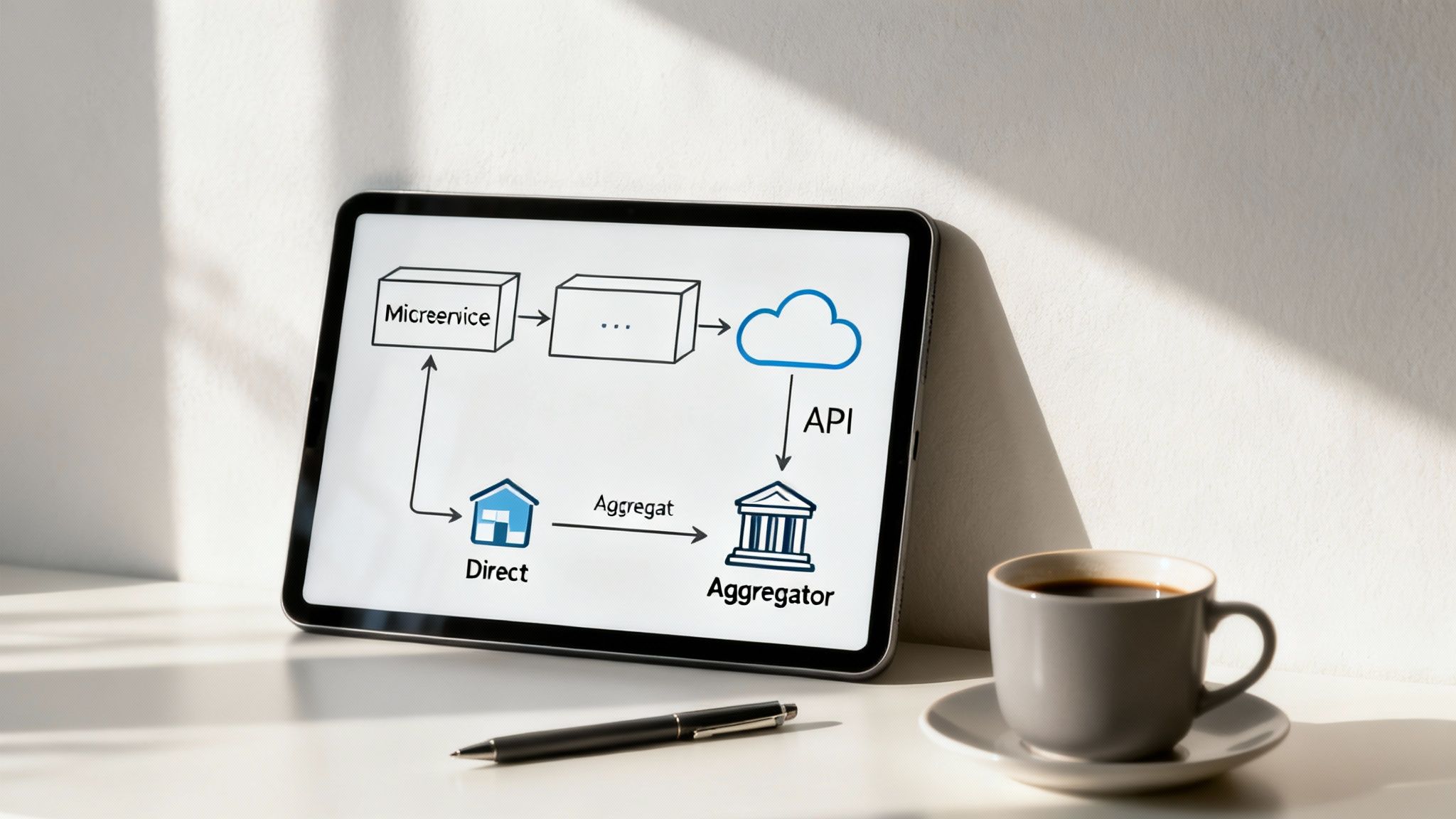 A tablet shows a technical diagram depicting microservice and API integration flows between direct and aggregator entities.