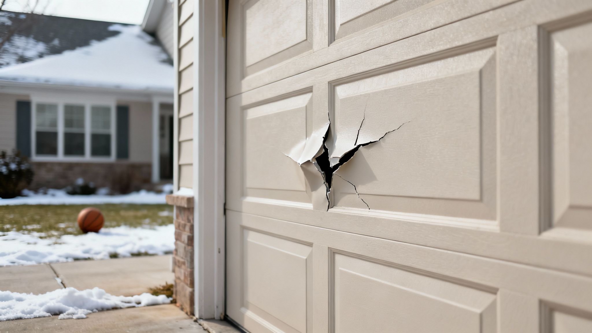 A beige garage door with a large, star-shaped hole and cracks. A basketball is on the snowy lawn.