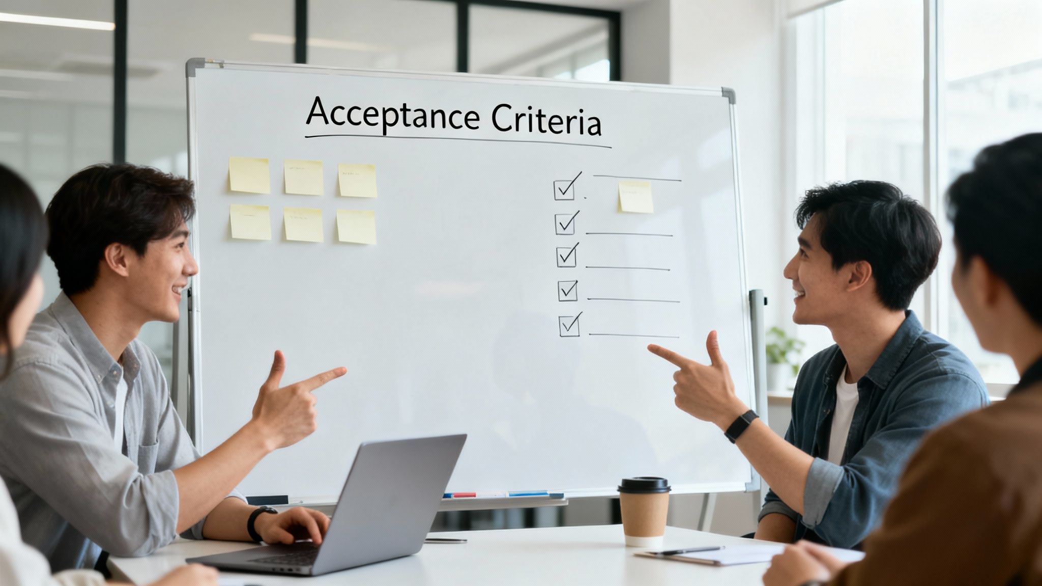 Smiling professionals discuss acceptance criteria on a whiteboard in a bright office meeting.