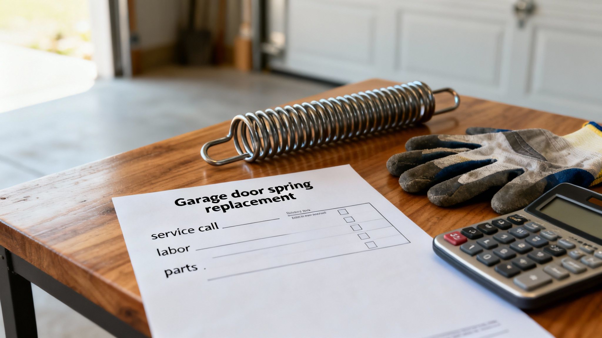 A form for garage door spring replacement costs, with a spring, work glove, and calculator on a wooden table.