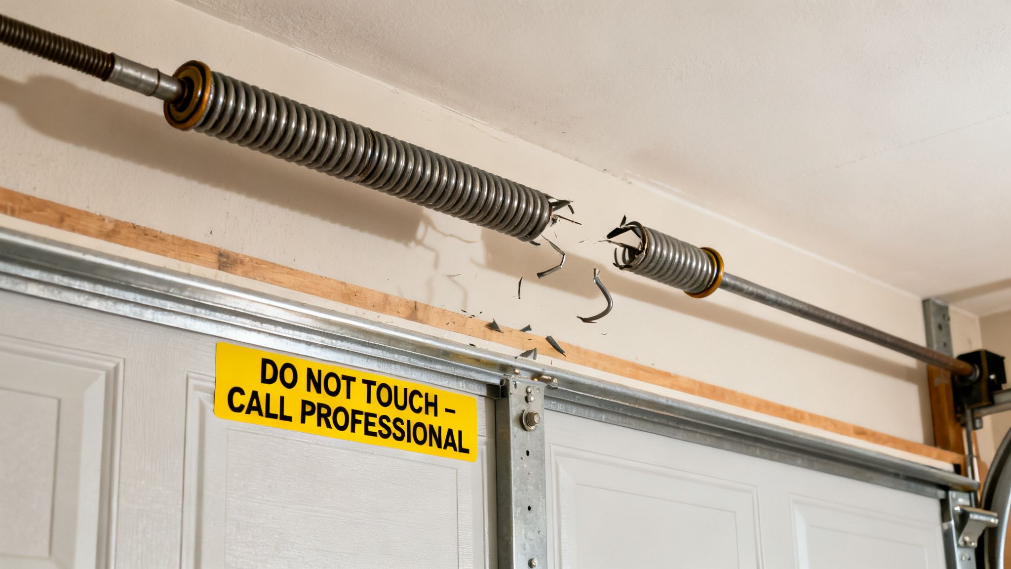 A broken garage door torsion spring with metal debris, and a warning sign.