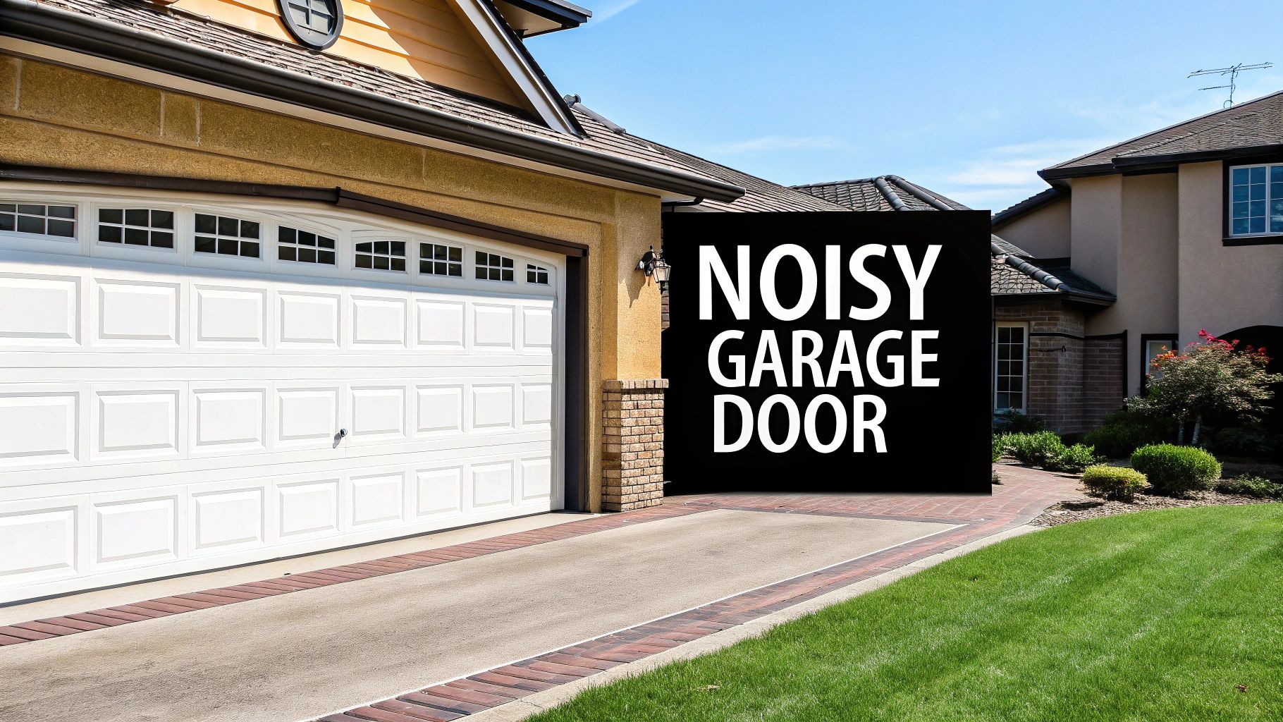 A close-up of a garage door roller being lubricated by a nozzle.