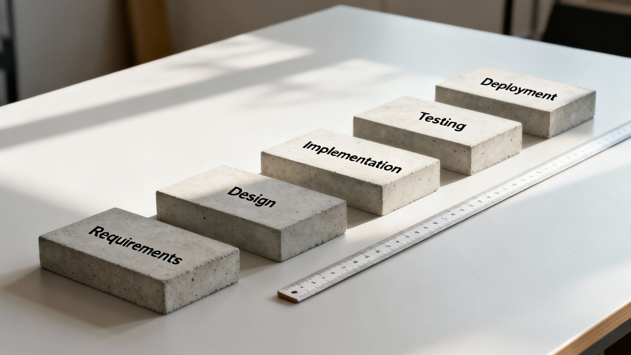 Five concrete blocks show project stages: Requirements, Design, Implementation, Testing, Deployment, next to a ruler.