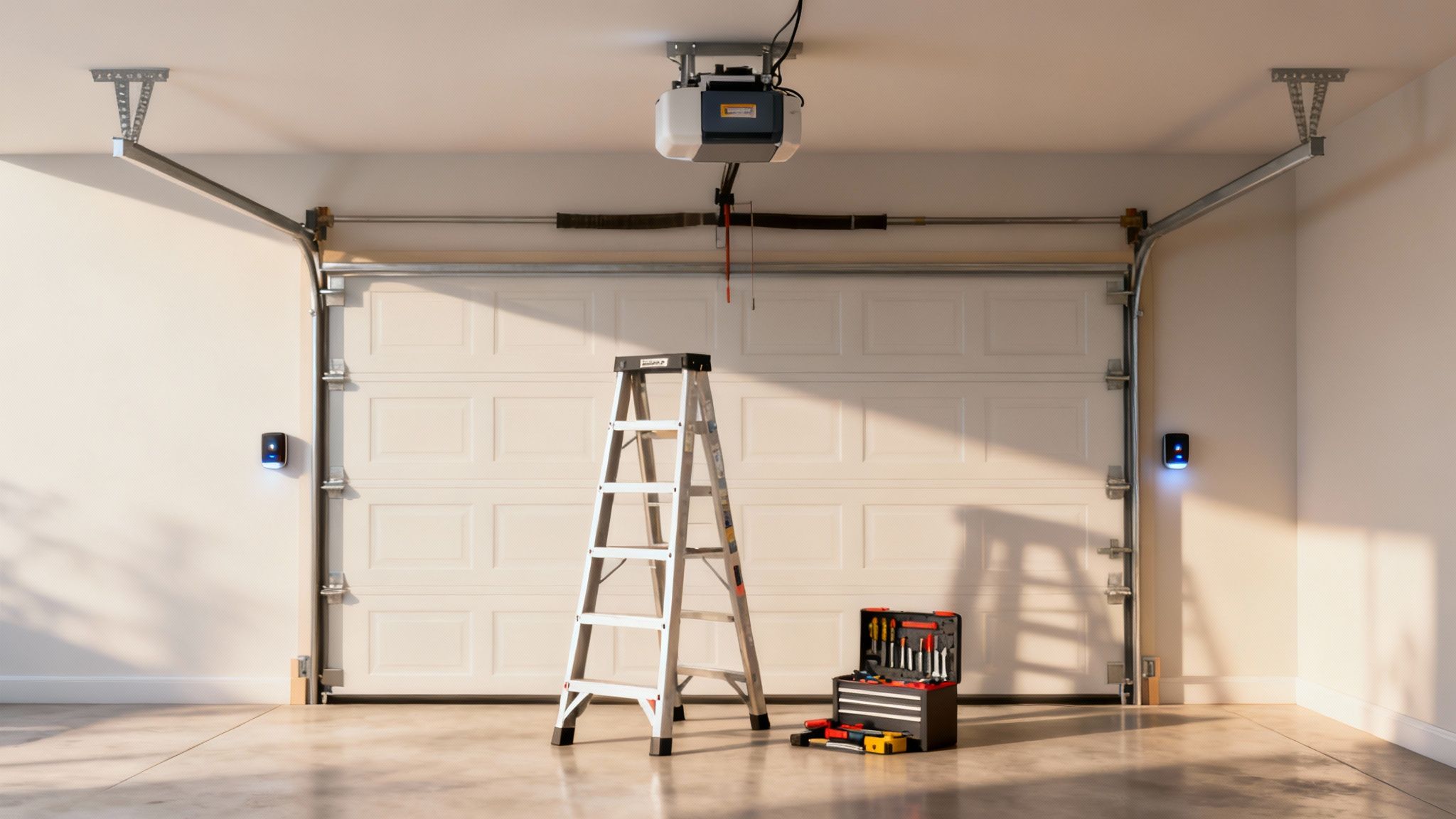 A person on a ladder reaching up to program an overhead garage door opener motor.