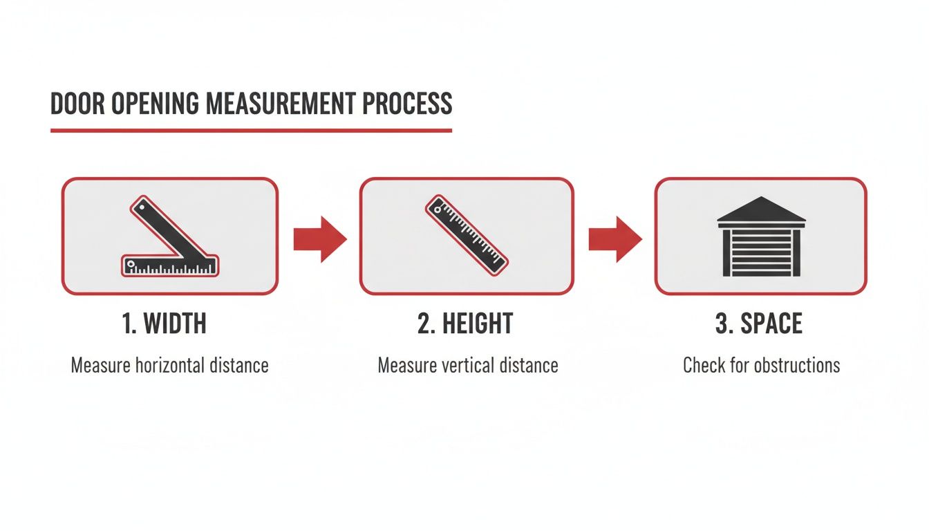 Diagram showing a three-step process for measuring a door opening: width, height, and space checks.