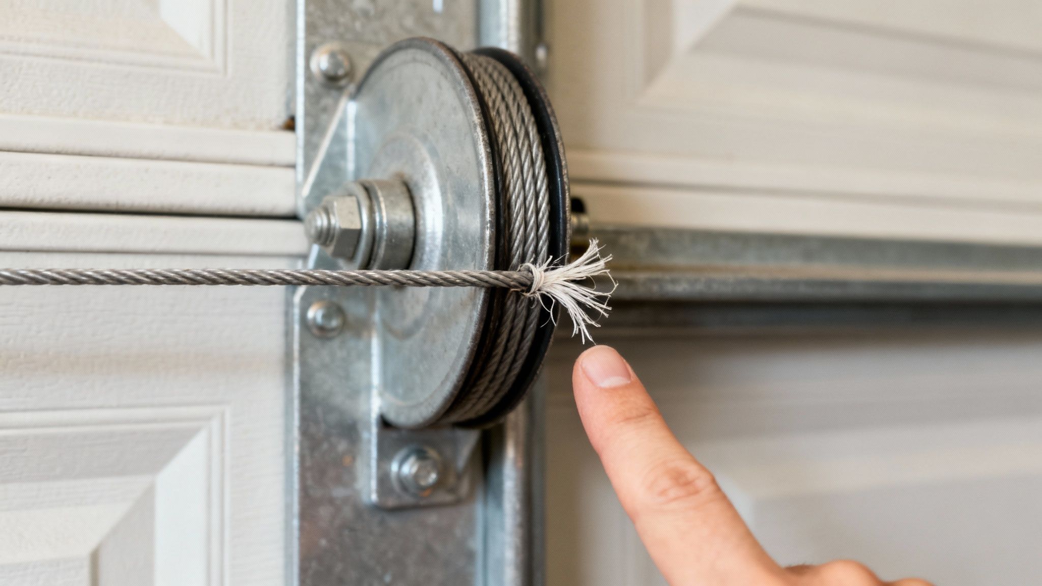 A close-up view of a garage door cable wound around its drum, showing the tension system.