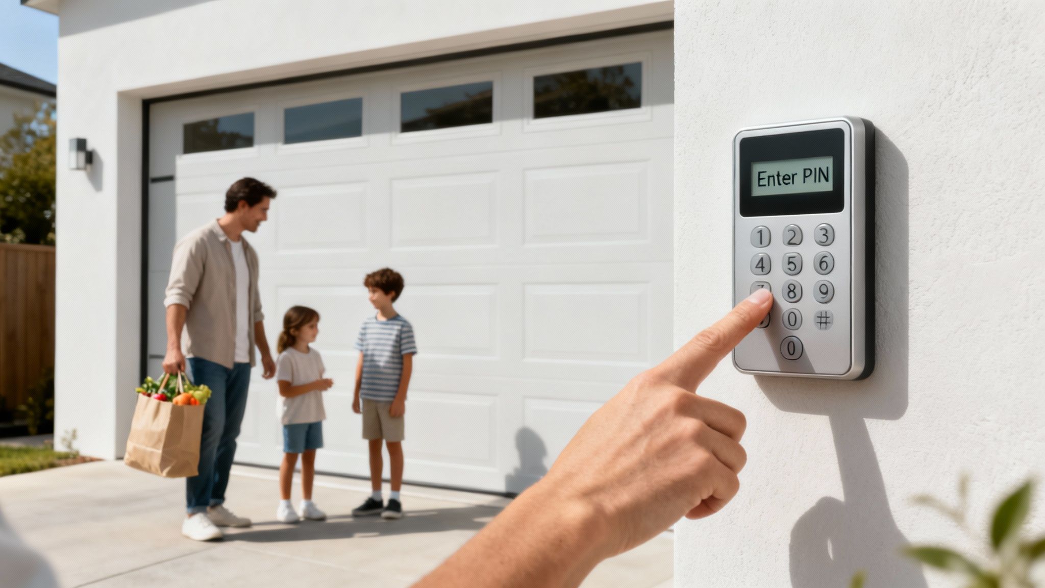 A hand enters a PIN on an outdoor keypad to open a garage door, with a family waiting nearby.