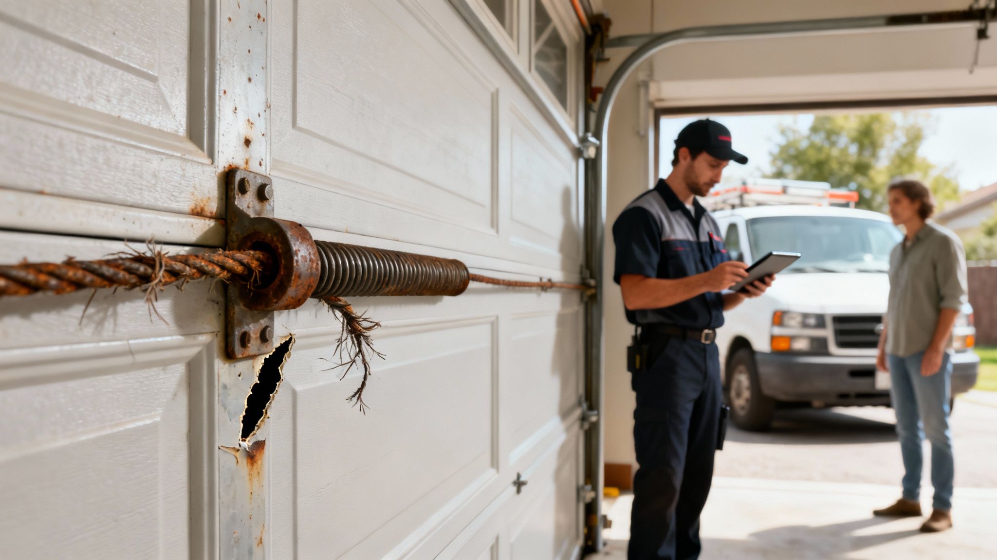 Technician inspects a rusty, broken garage door spring and cable with a customer.
