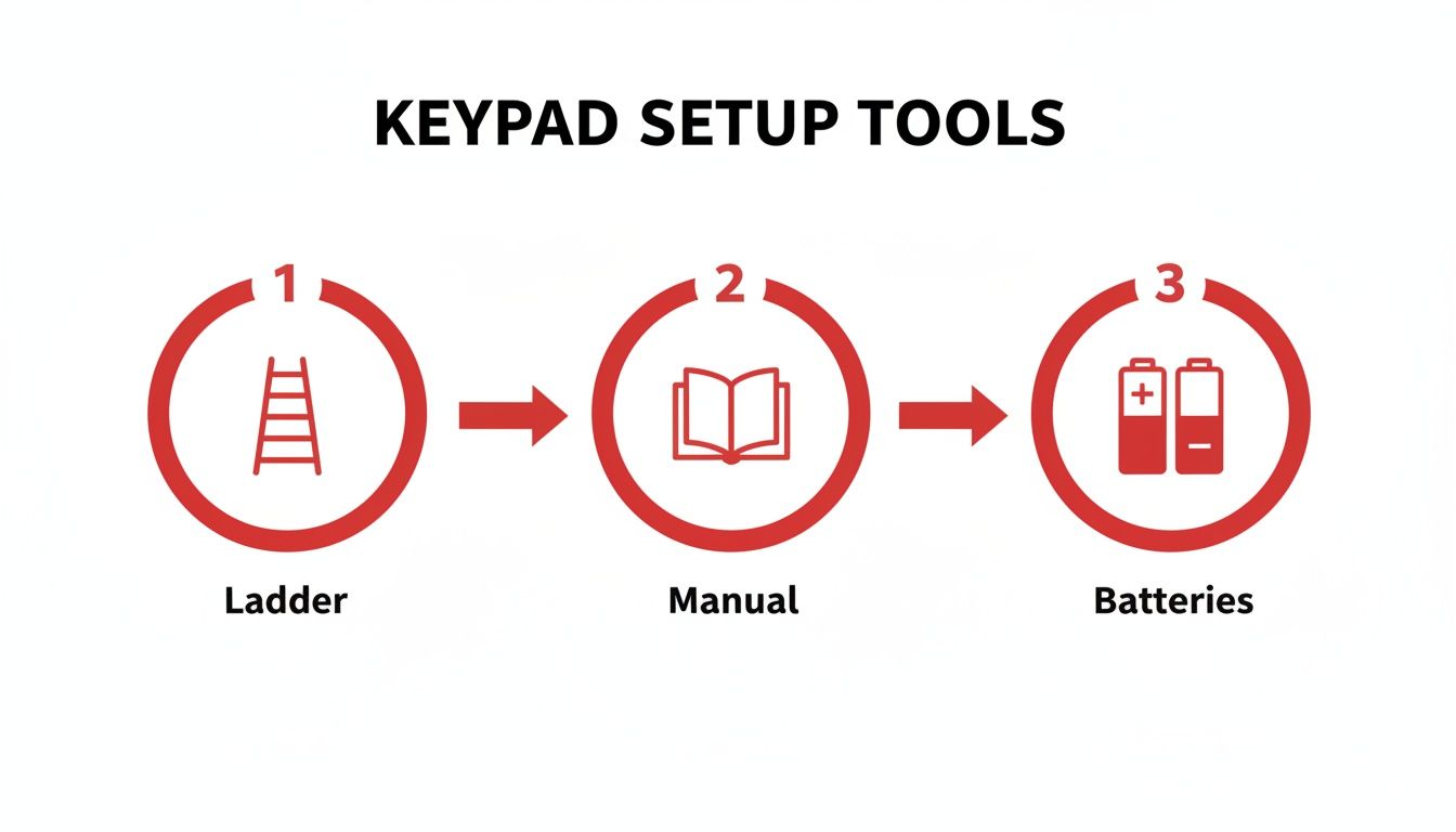 A diagram outlining keypad setup tools: a ladder, a manual, and batteries, shown in three steps.