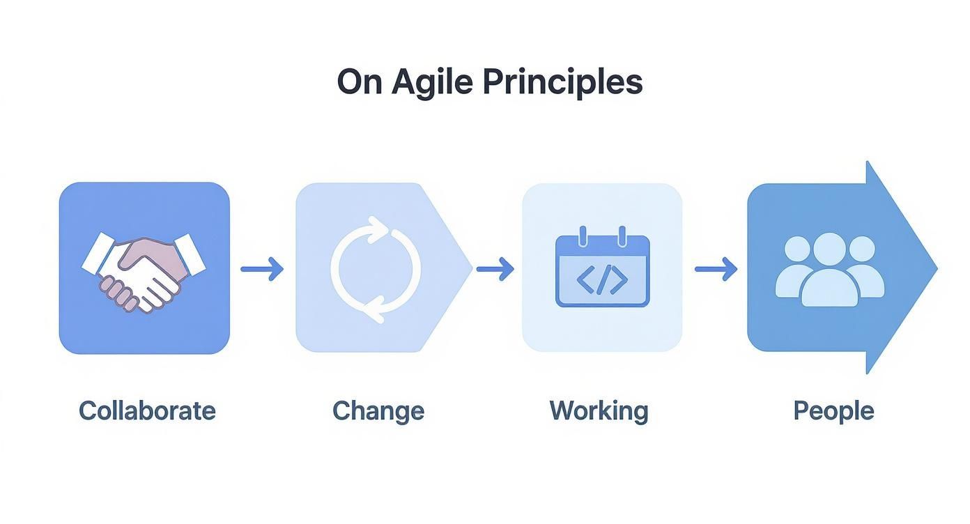 Agile principles workflow diagram showing collaborate, change, working code, and people icons with arrows