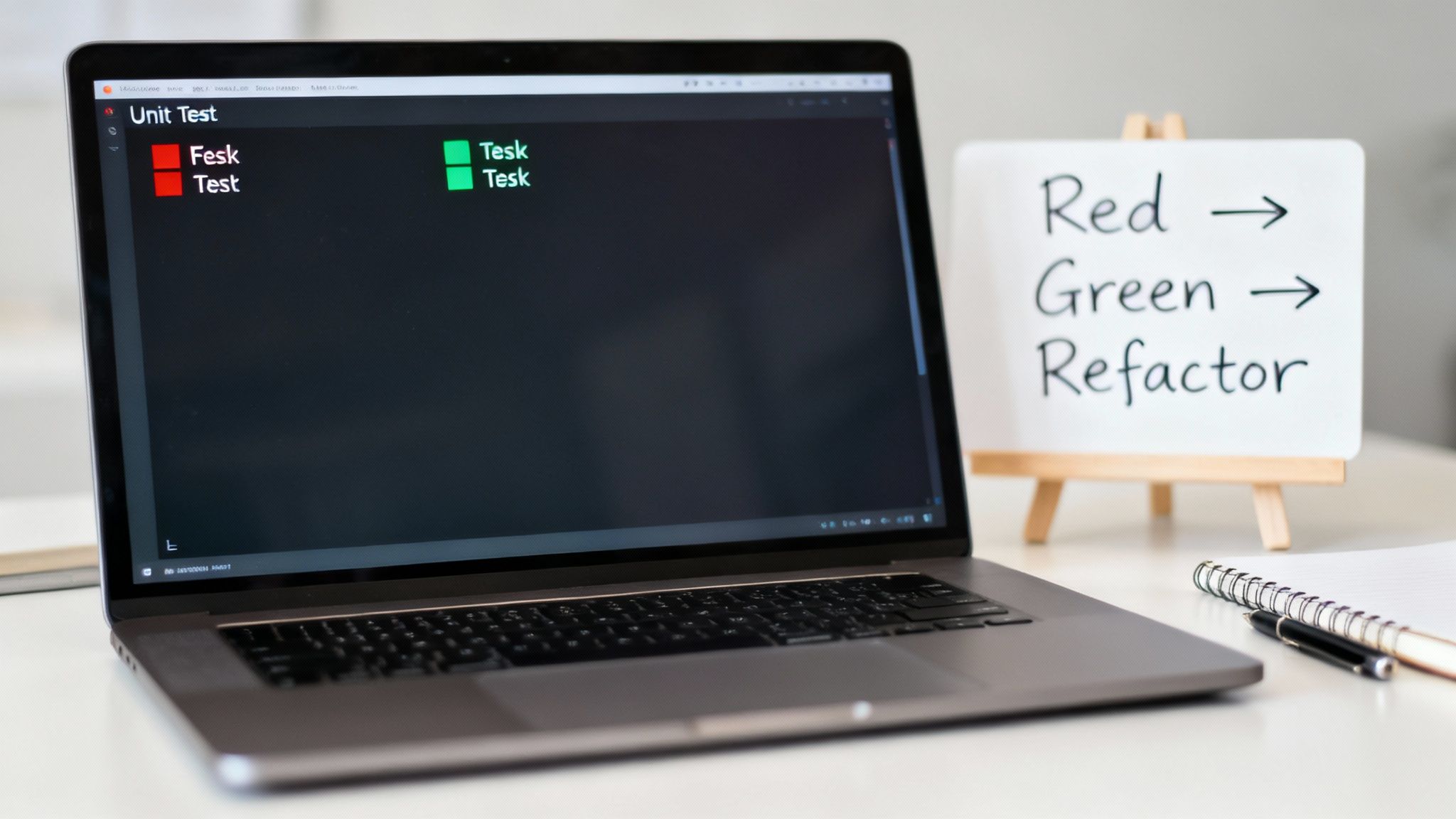 Laptop displays unit test results with red failing tests and green passing tests, next to a whiteboard explaining 'Red -> Green -> Refactor'.