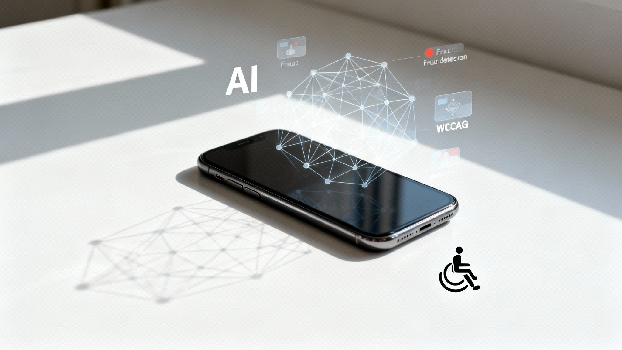 A smartphone on a white desk with AI, fraud detection, and WCCAG accessibility holograms.