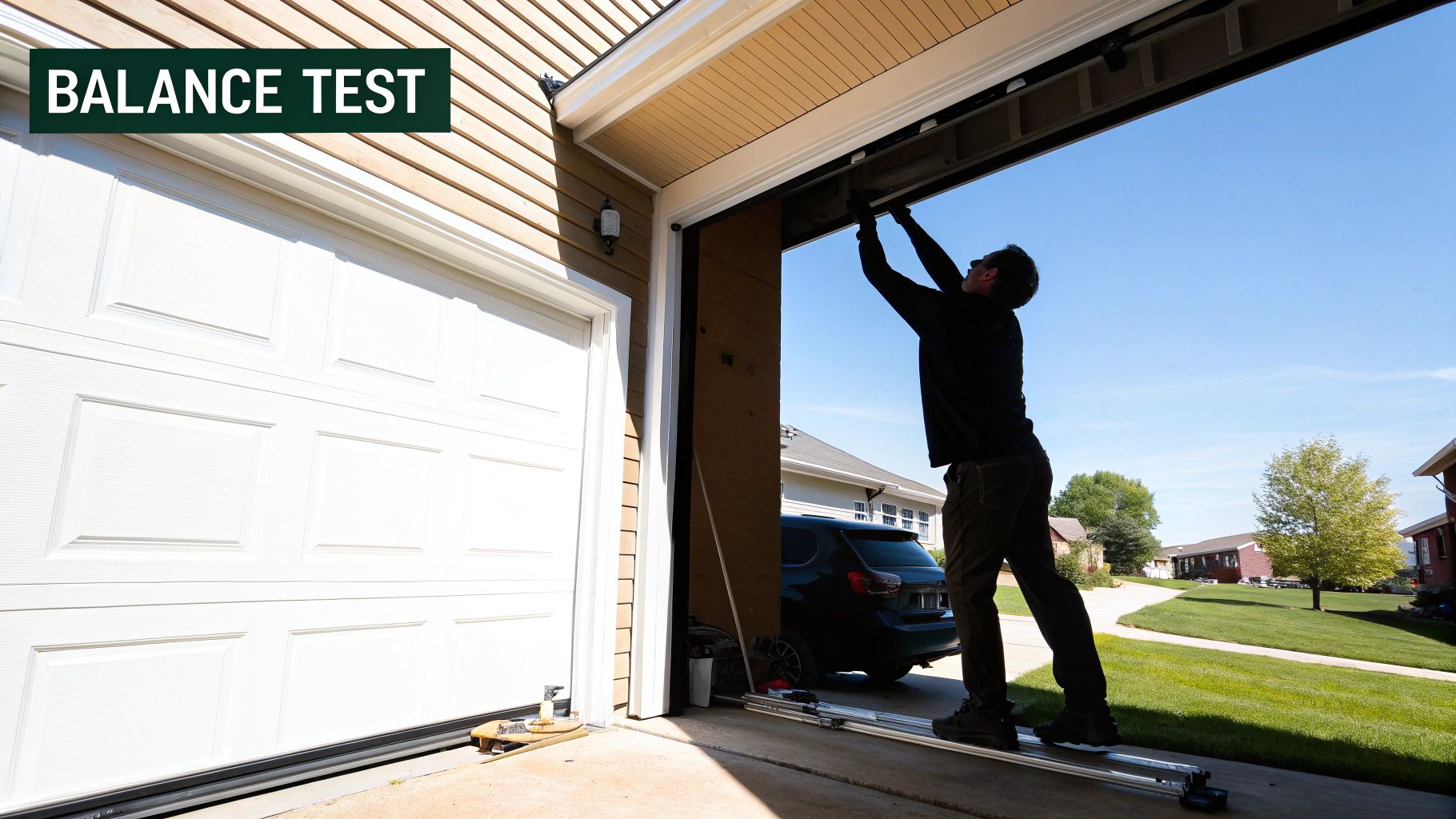 A person pulling the red emergency release cord on a garage door opener.