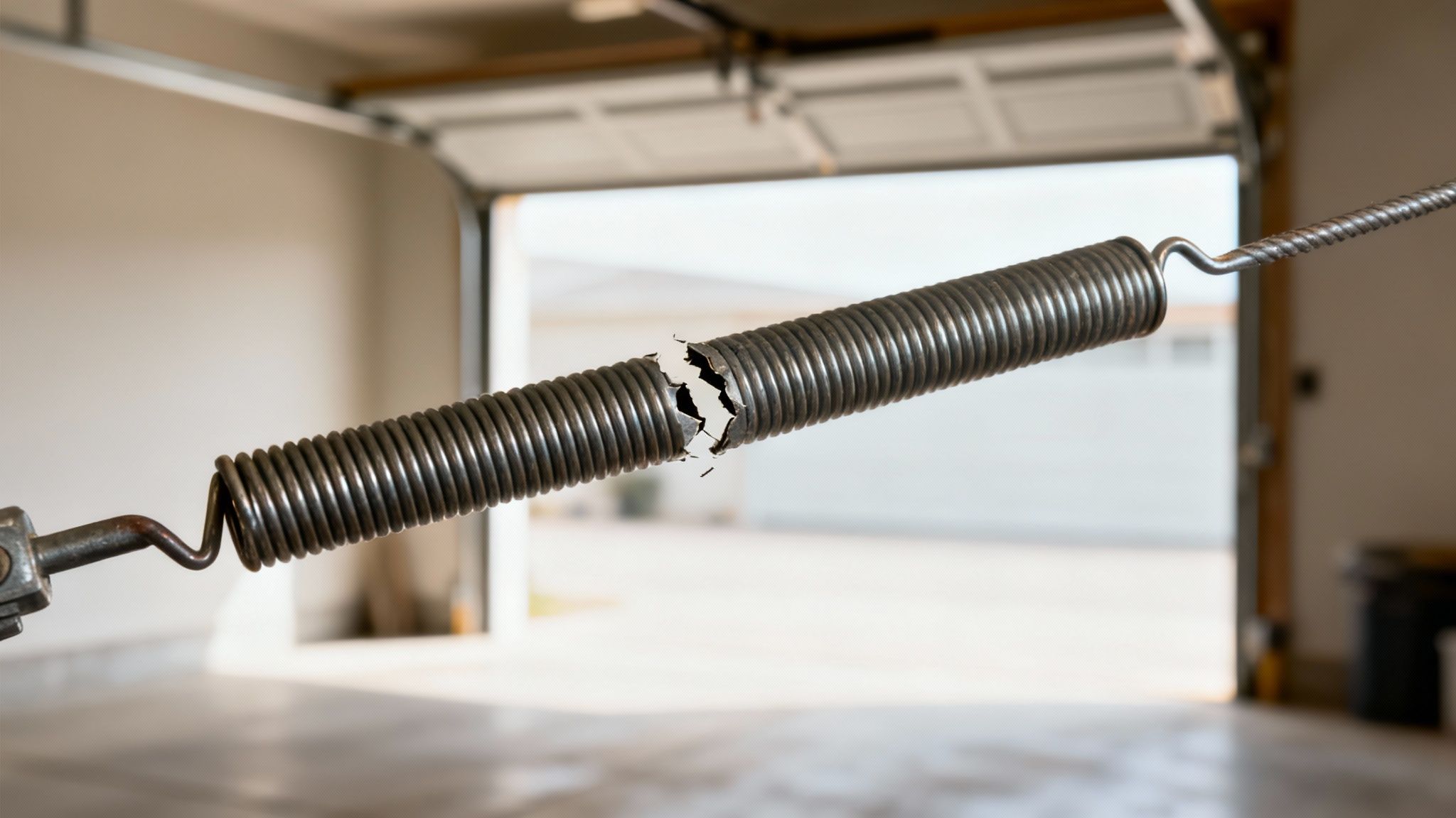 Close-up of a broken garage door extension spring showing a visible break. An open garage is in the background.