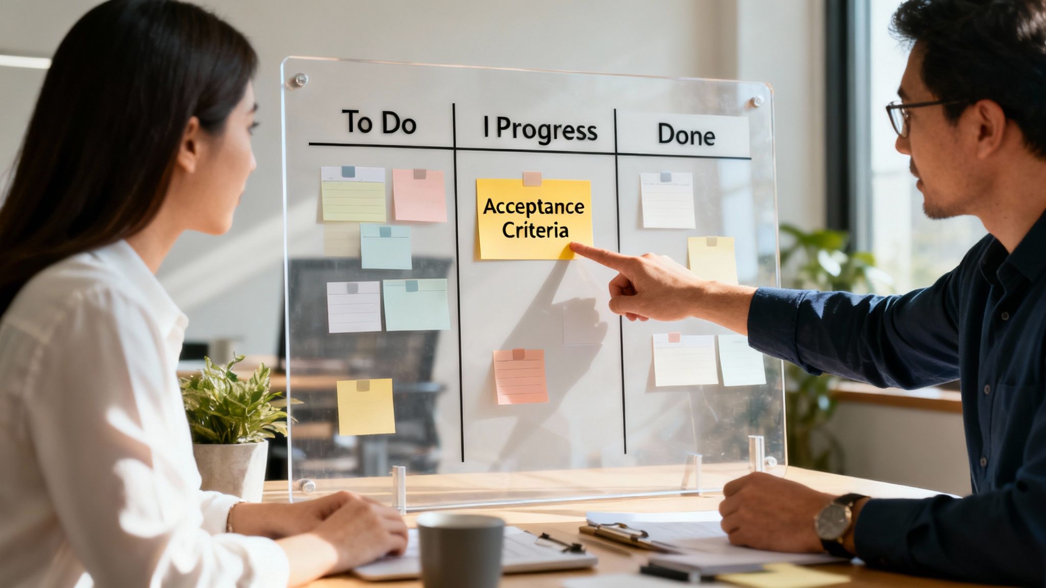 Business colleagues using a Kanban board to discuss 'Acceptance Criteria' for project tasks.
