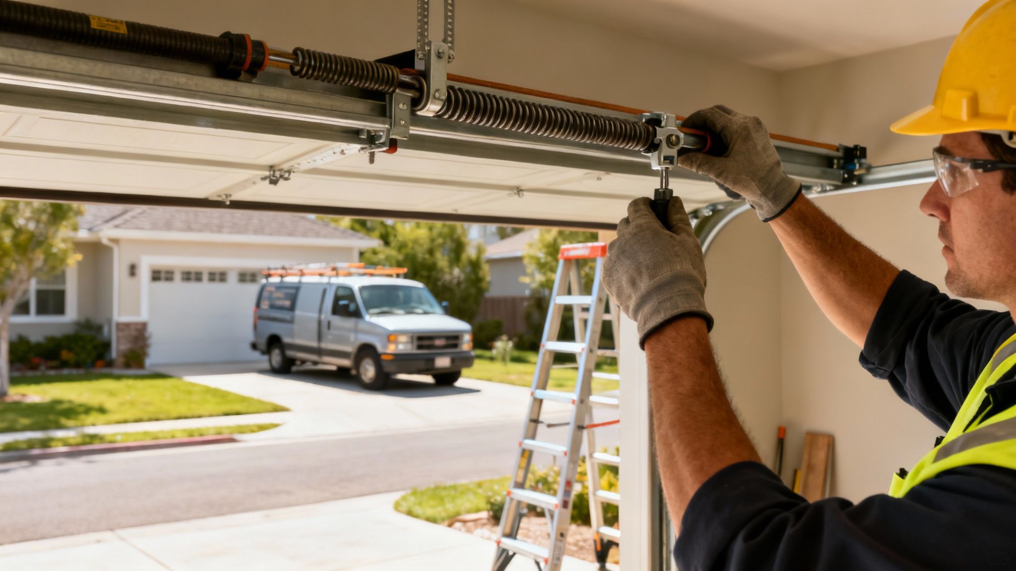 A professional technician wearing safety gear, working on the torsion springs of an open garage door.