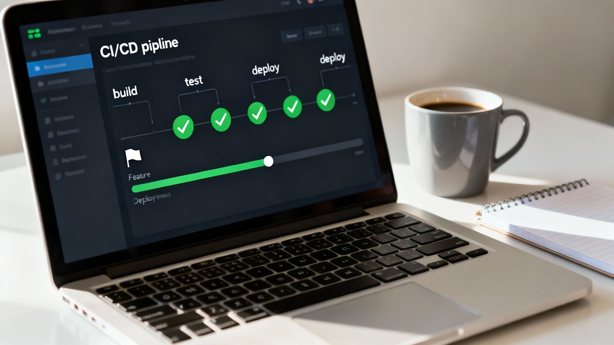 CI/CD pipeline dashboard showing build test and deploy stages with green checkmarks on laptop screen