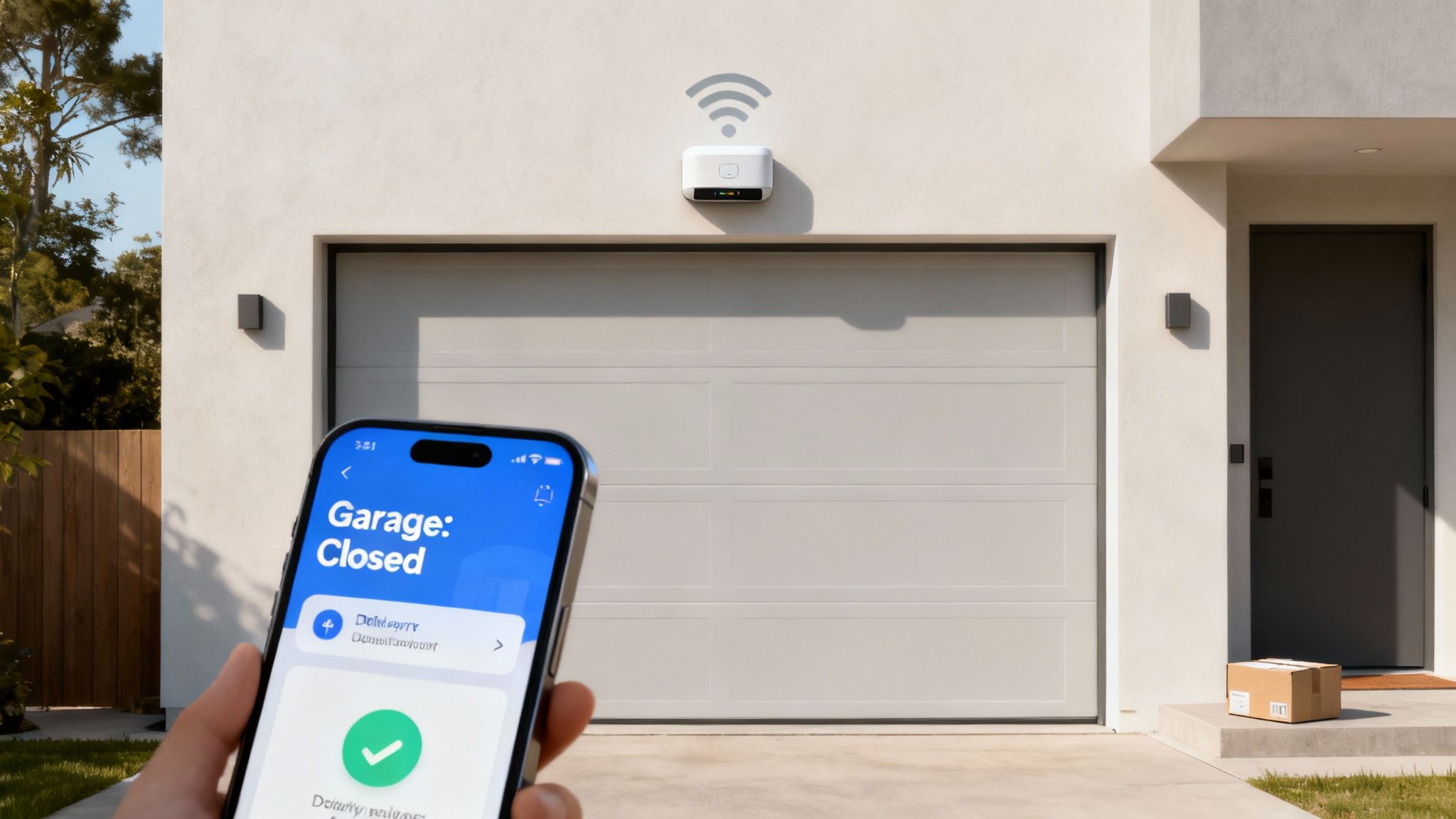 A person using their smartphone to control their smart garage door opener.