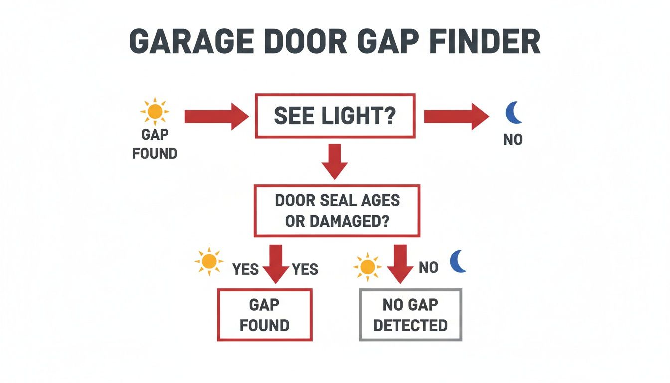 A flowchart titled 'Garage Door Gap Finder' illustrates steps to detect gaps, checking for light and seal condition.