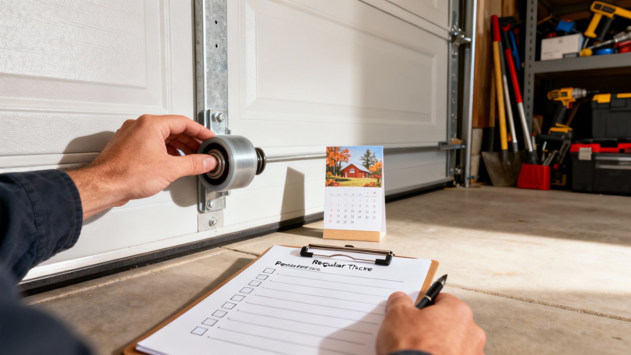 Person's hands inspecting a garage door roller, with a maintenance checklist and calendar nearby.