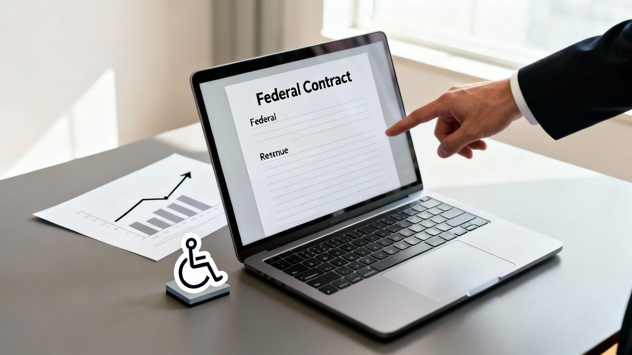 A person points to a 'Federal Contract' document on a laptop, with a graph and accessibility symbol.