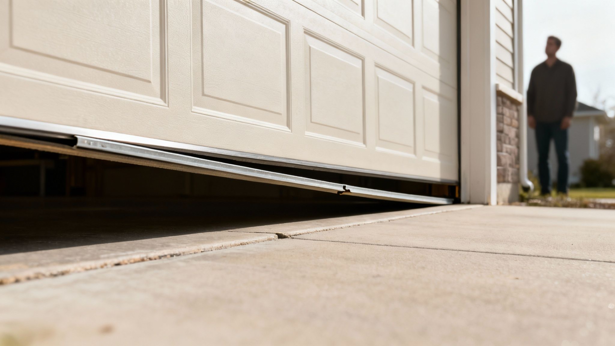 A man observes a crooked, malfunctioning garage door stuck partially open from a low angle.
