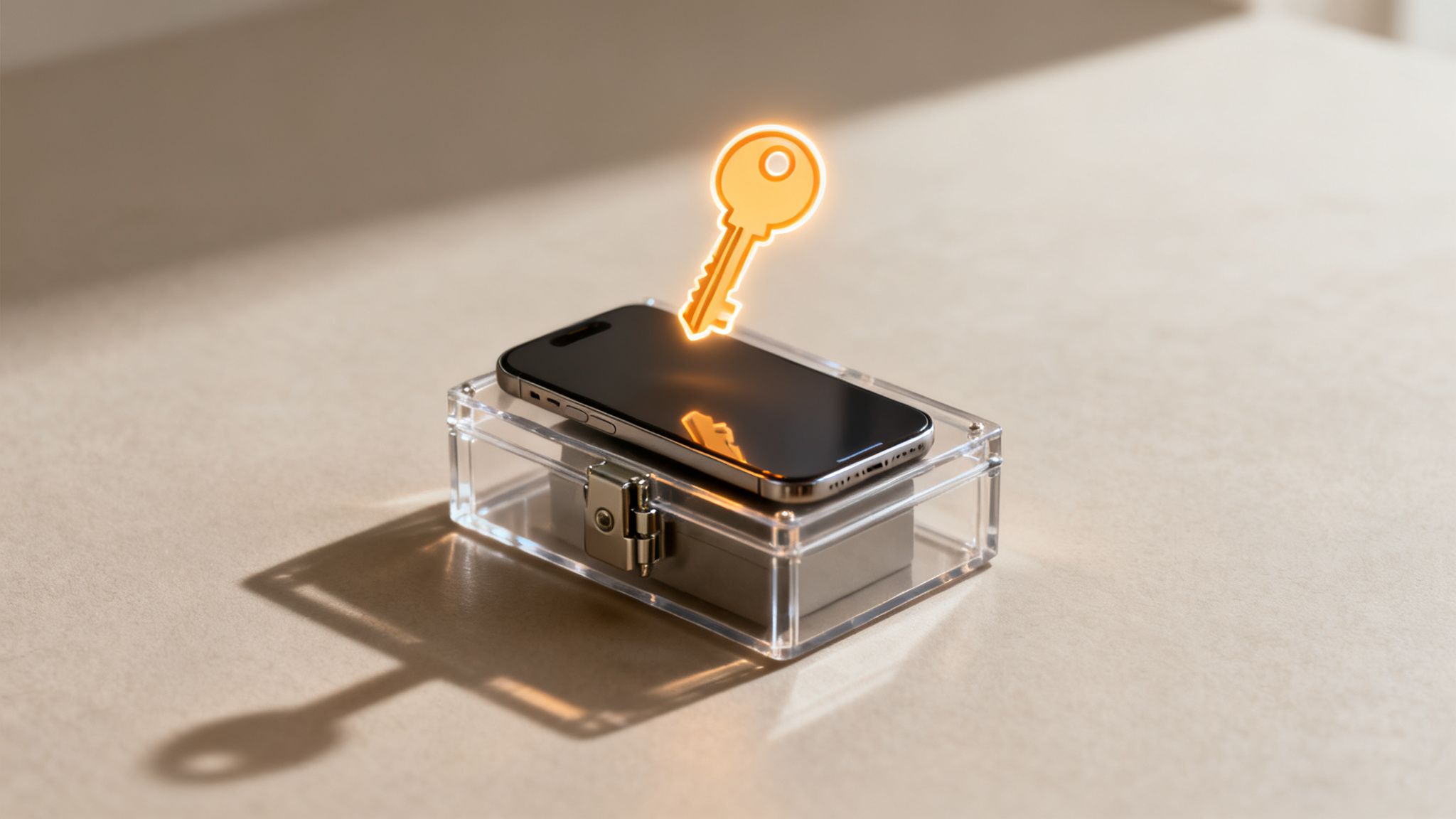 A glowing golden key hovers above a smartphone on a transparent box, symbolizing digital security.