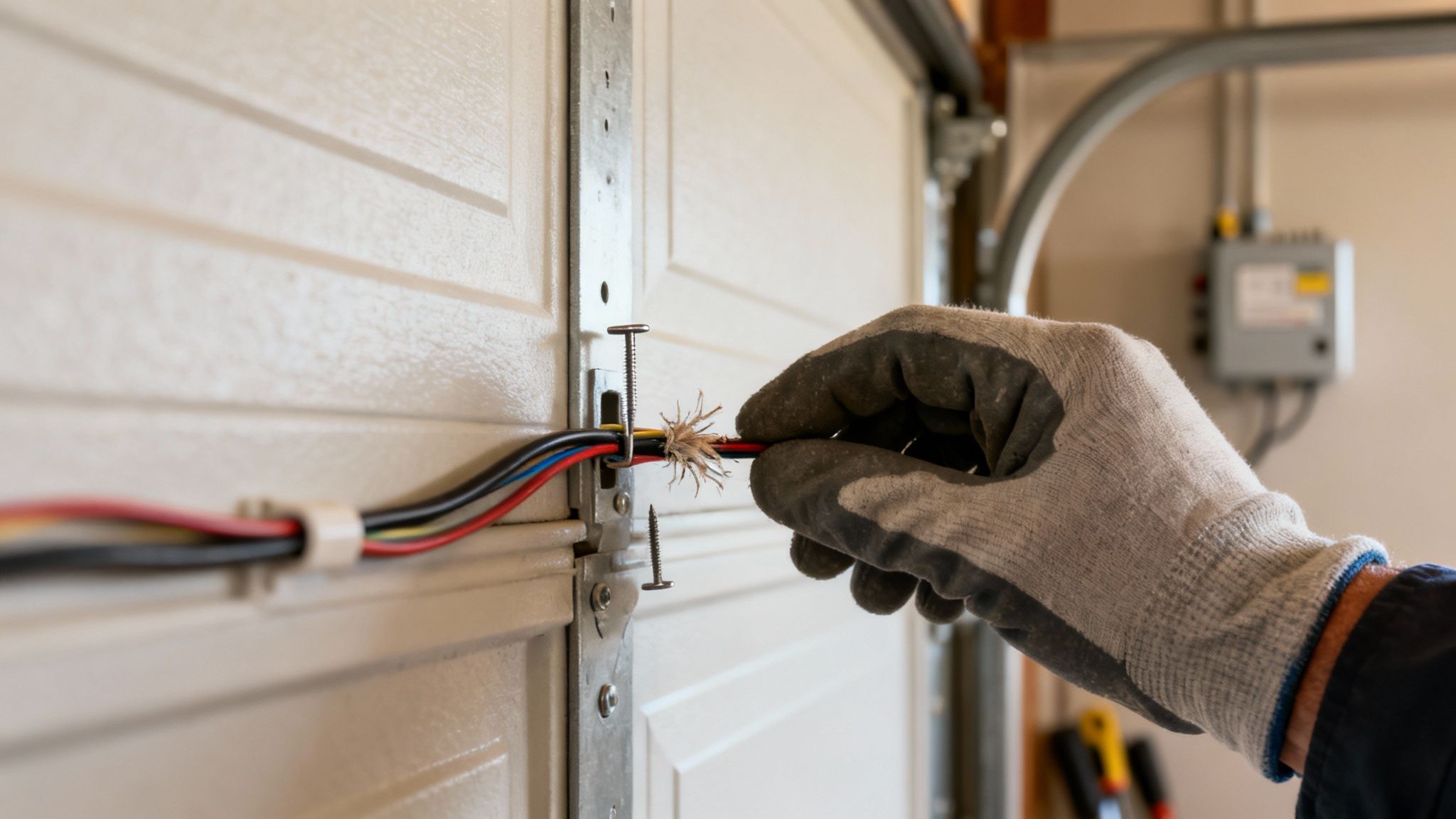 A gloved hand holds frayed electrical wires next to a garage door, indicating a repair.