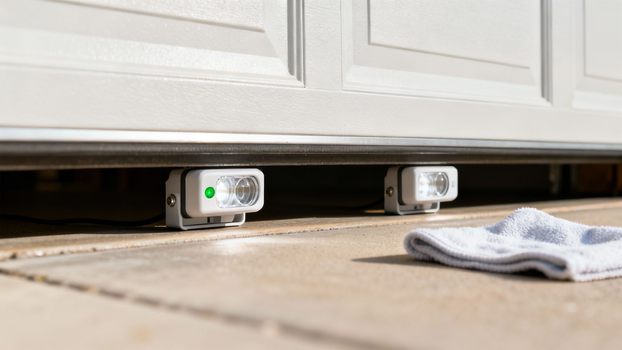Close-up of a garage door partially open with safety sensors on the ground, one showing a green light, and a white towel.