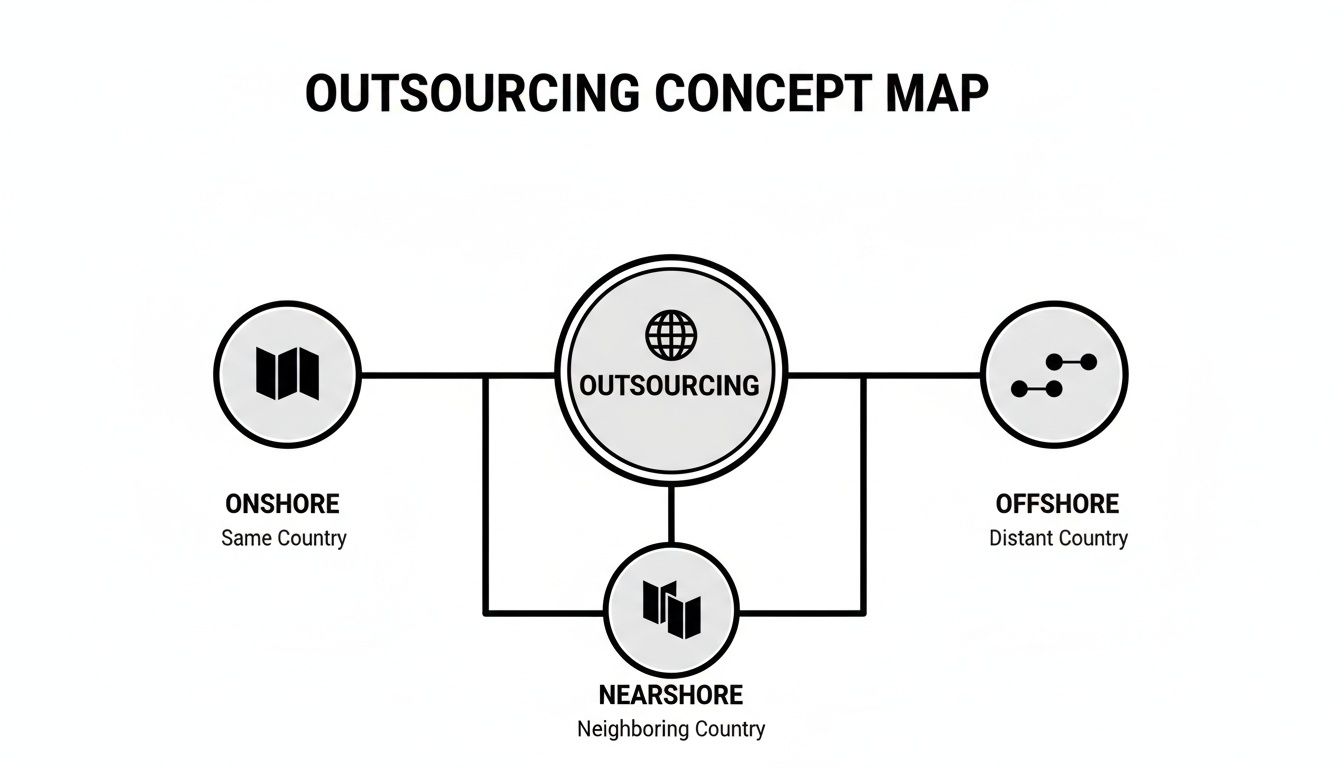 An outsourcing concept map illustrating onshore, nearshore, and offshore service types.