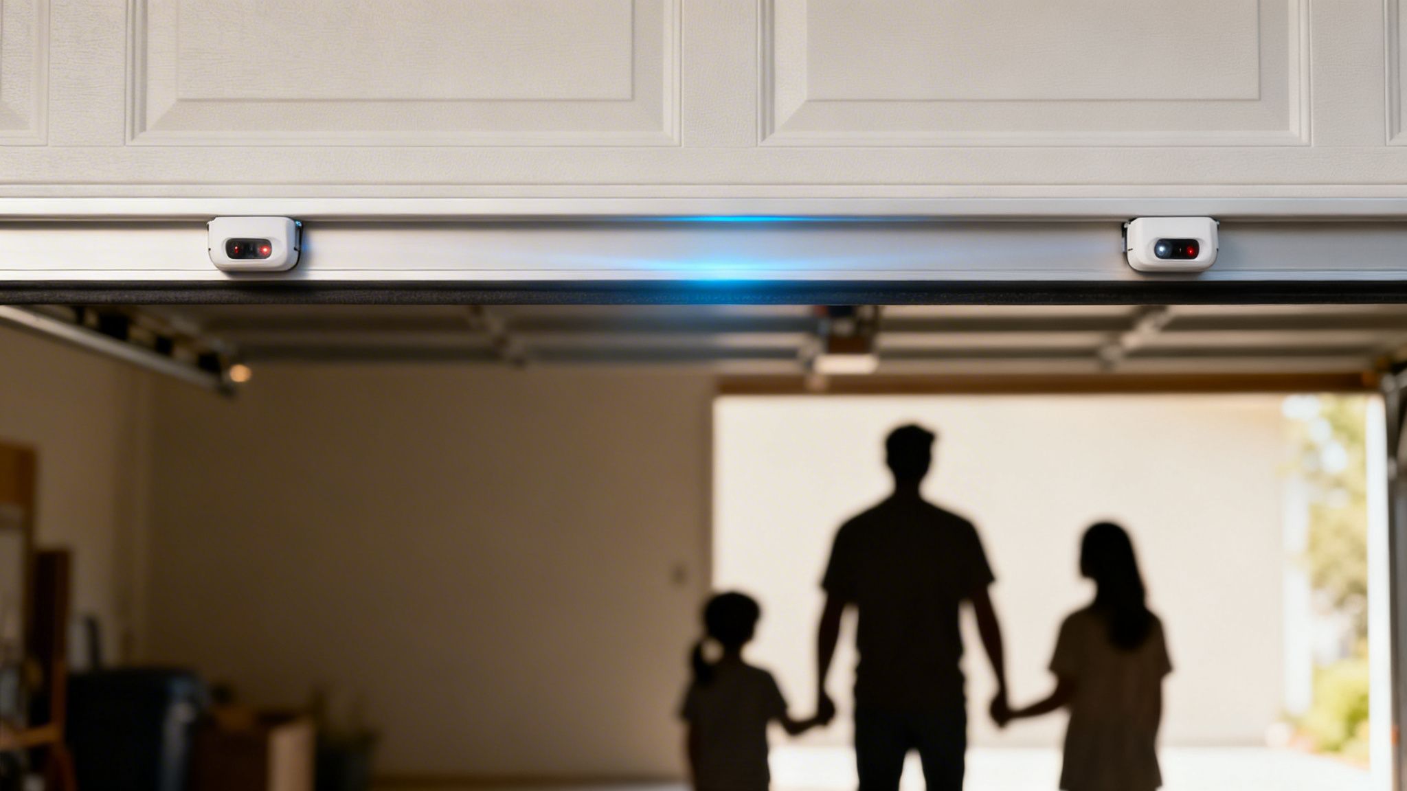 Garage door safety sensors emit a blue beam above a silhouetted family holding hands.