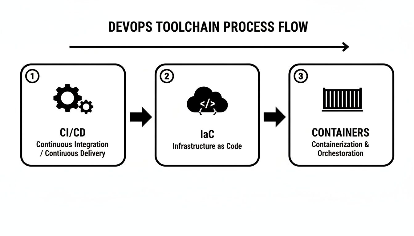 DevOps toolchain process flow diagram illustrating CI/CD, Infrastructure as Code, and Containerization steps.
