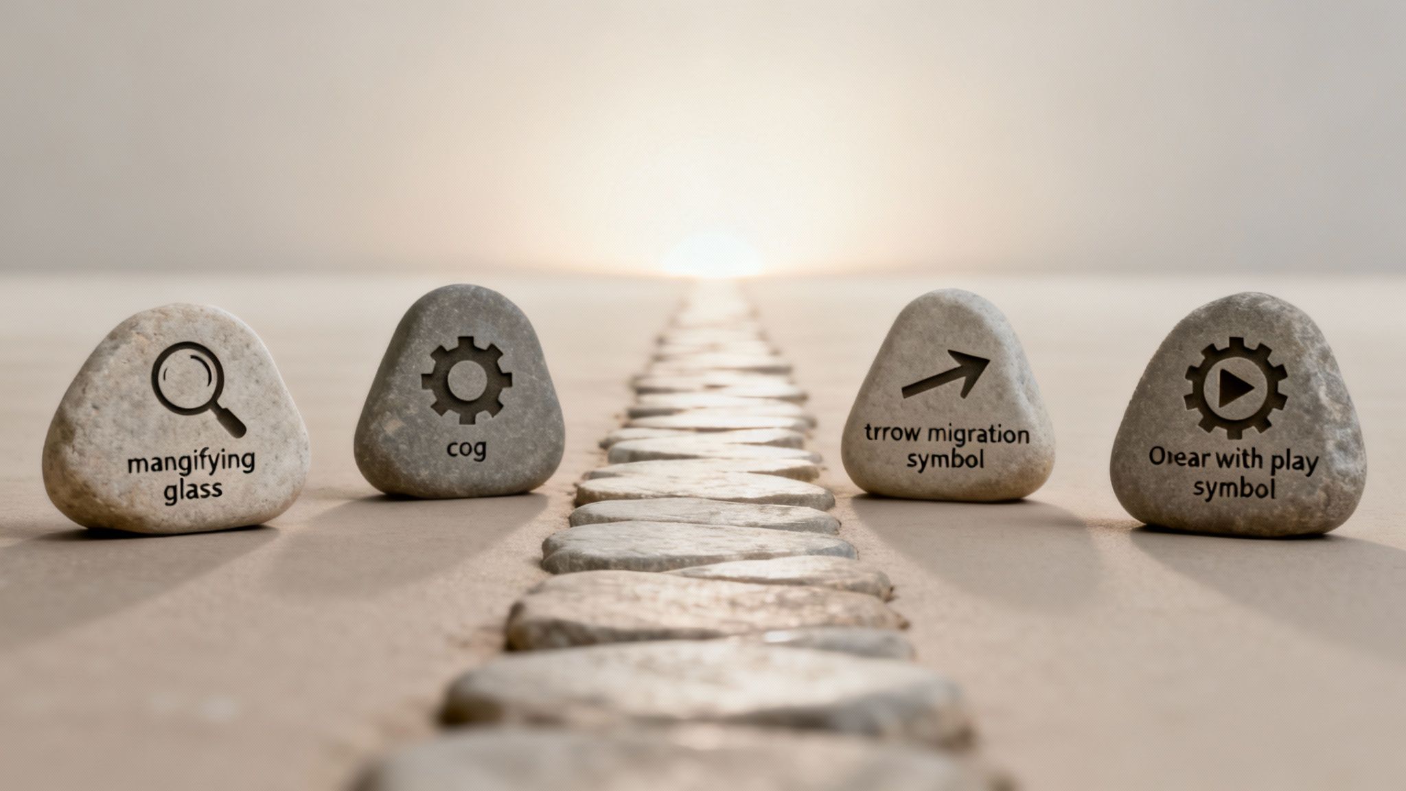 Four stones with symbols and text, including magnifying glass and cog, flank a path of stepping stones.