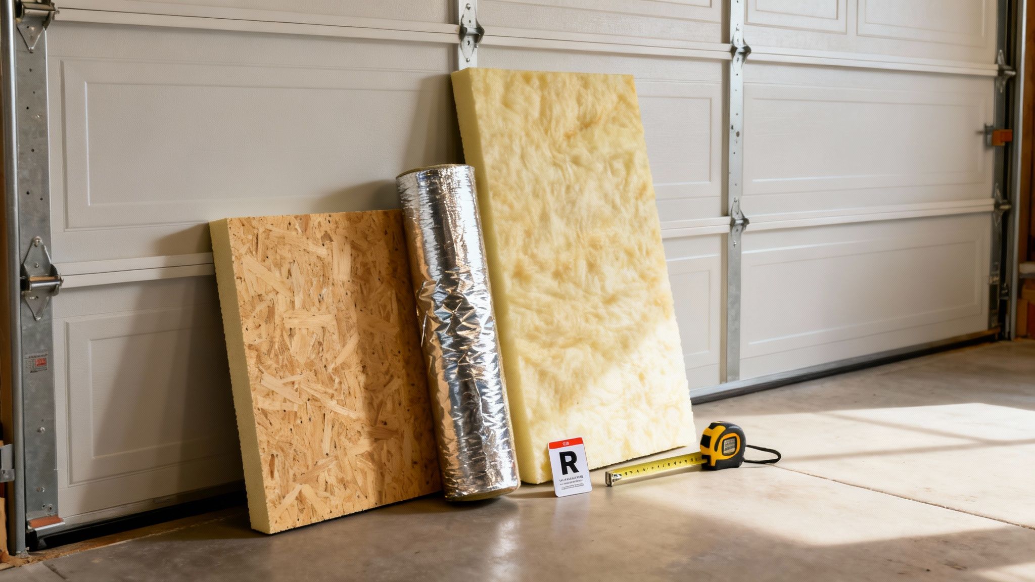 Various garage insulation materials: OSB panel, reflective roll, fiberglass batt, R-value card, and tape measure.