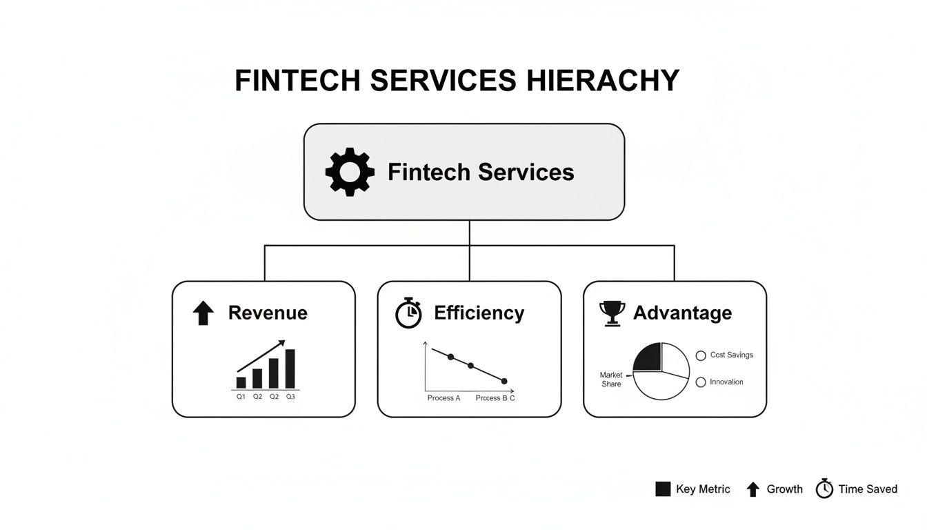 Fintech Services Hierarchy diagram illustrating revenue growth, efficiency improvements, and competitive advantages.