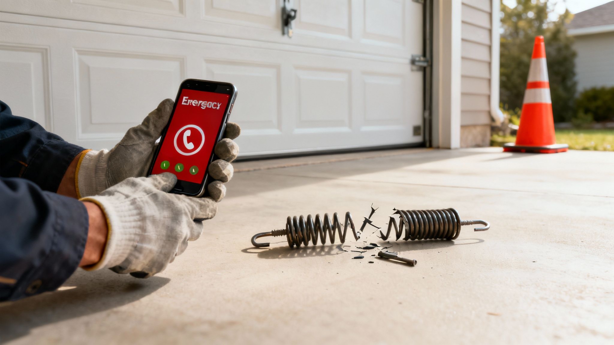 Person holding smartphone with emergency screen calling for help after garage door spring broke