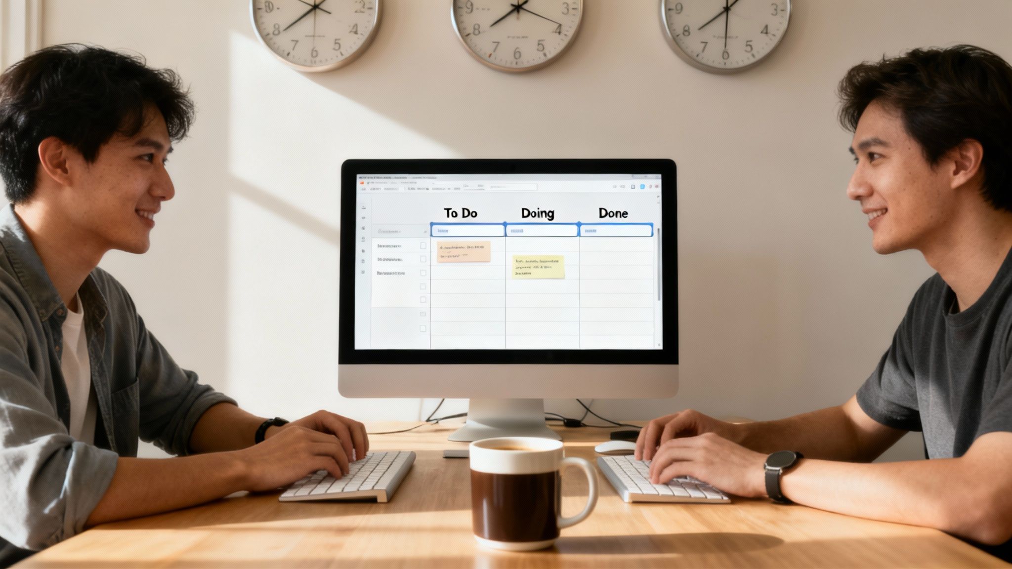 Two smiling developers collaborate at a desk with a Kanban board displayed on a monitor.