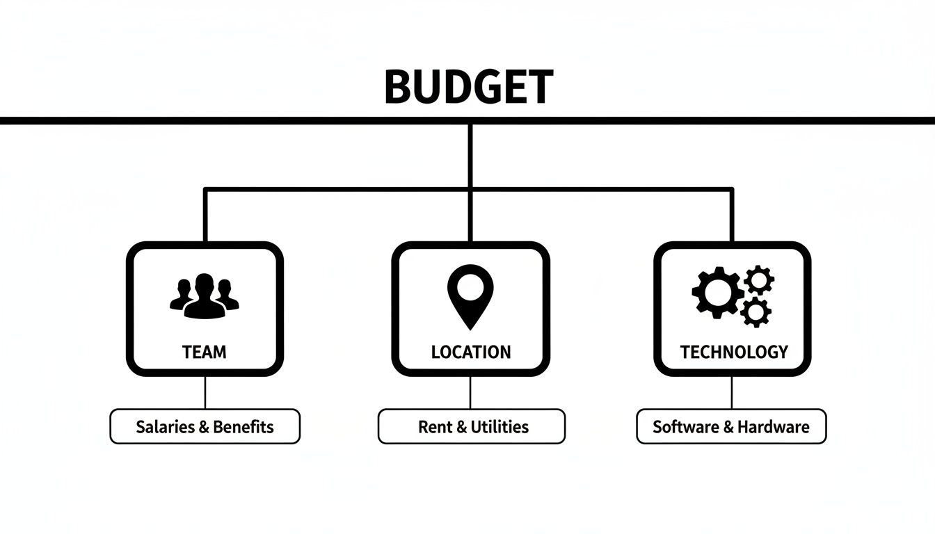 A diagram illustrating a budget breakdown into team, location, and technology expenses with sub-categories.