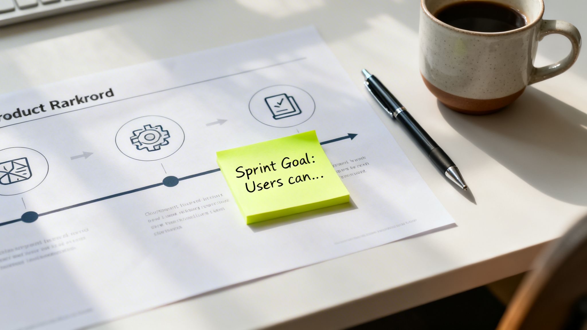 A yellow sticky note with 'Sprint Goal: Users can...' placed on a product roadmap document with a pen and coffee.