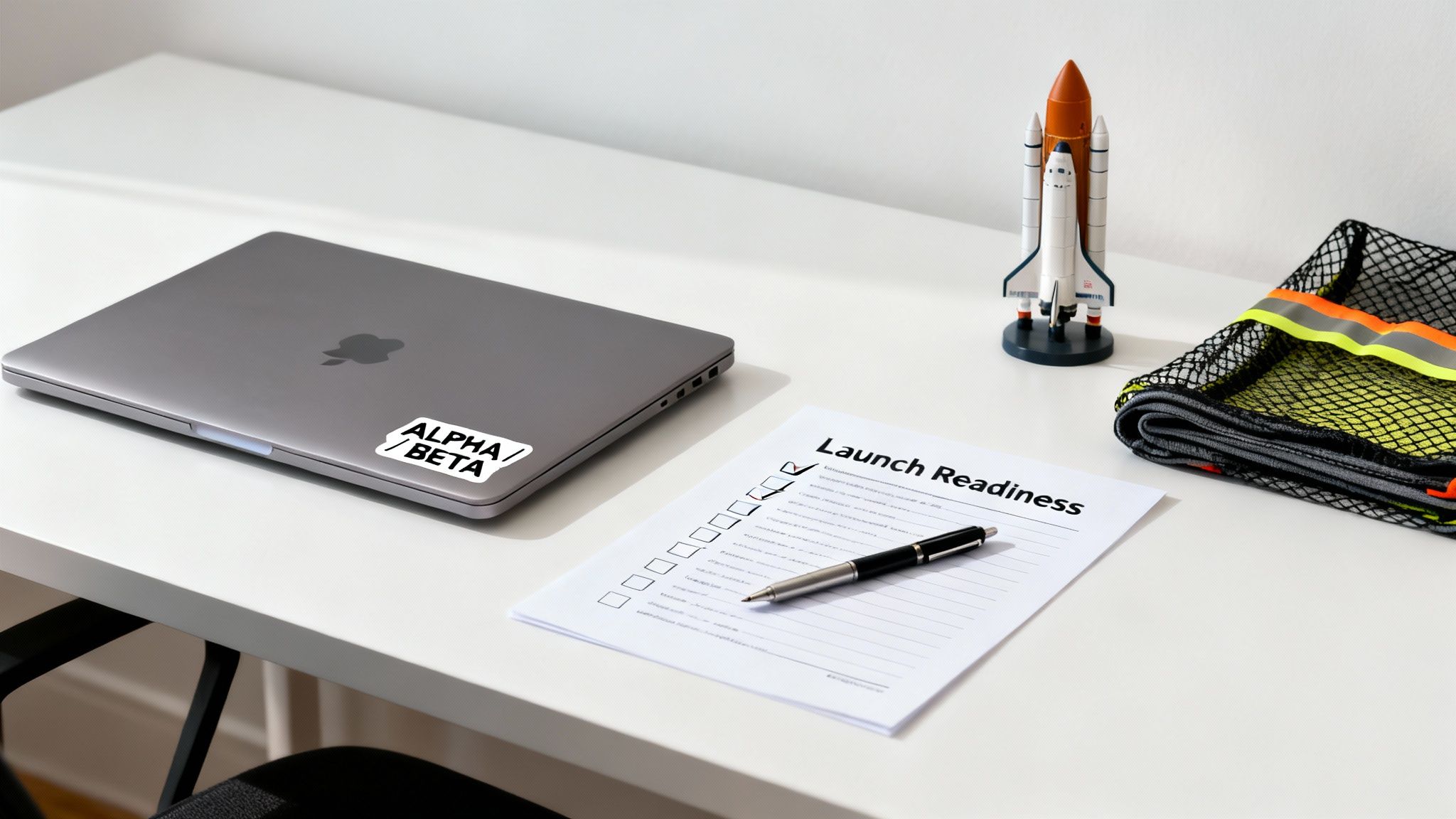 A clean desk setup with a laptop, a 'Launch Readiness' checklist, a Space Shuttle model, and a safety vest.