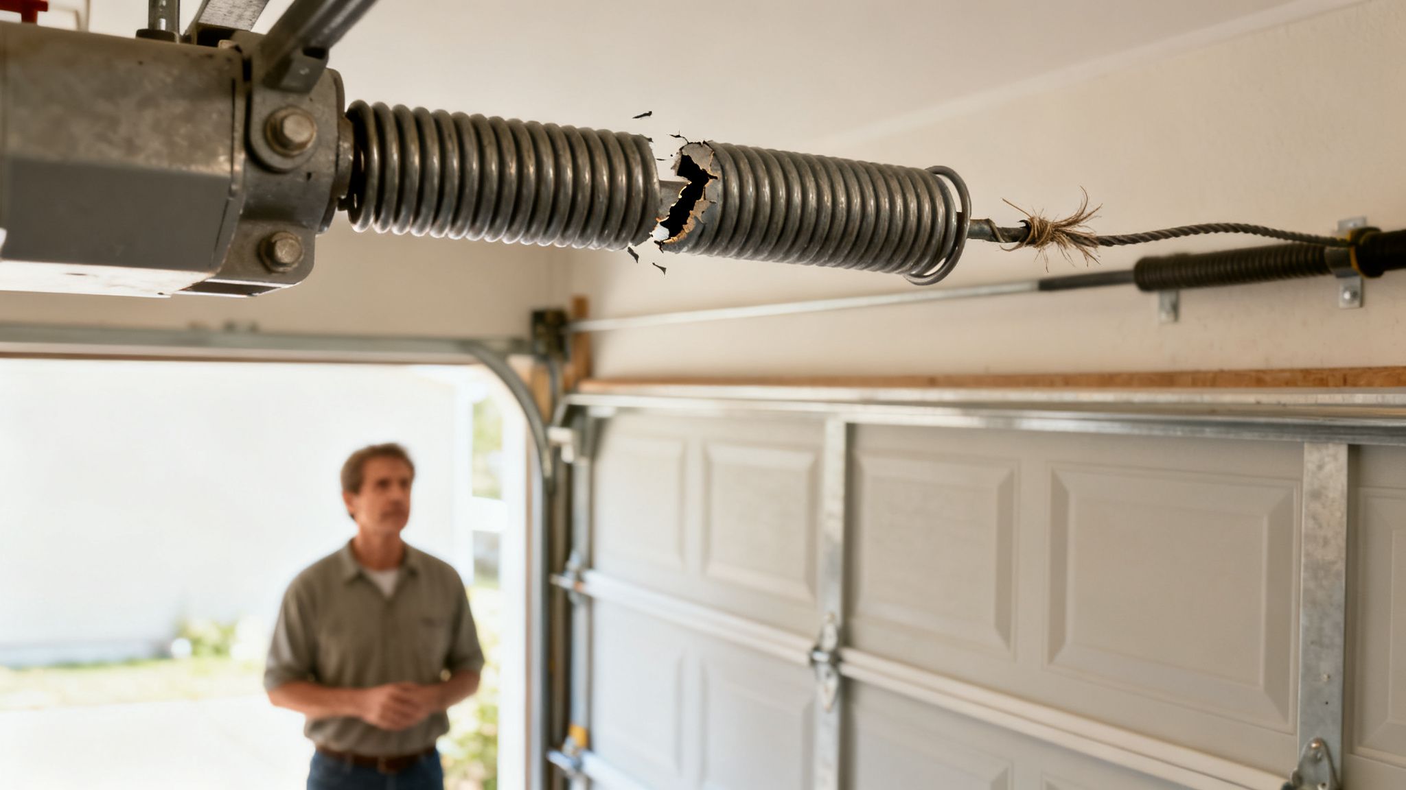 A close-up shows a broken garage door torsion spring, with a man in the background.