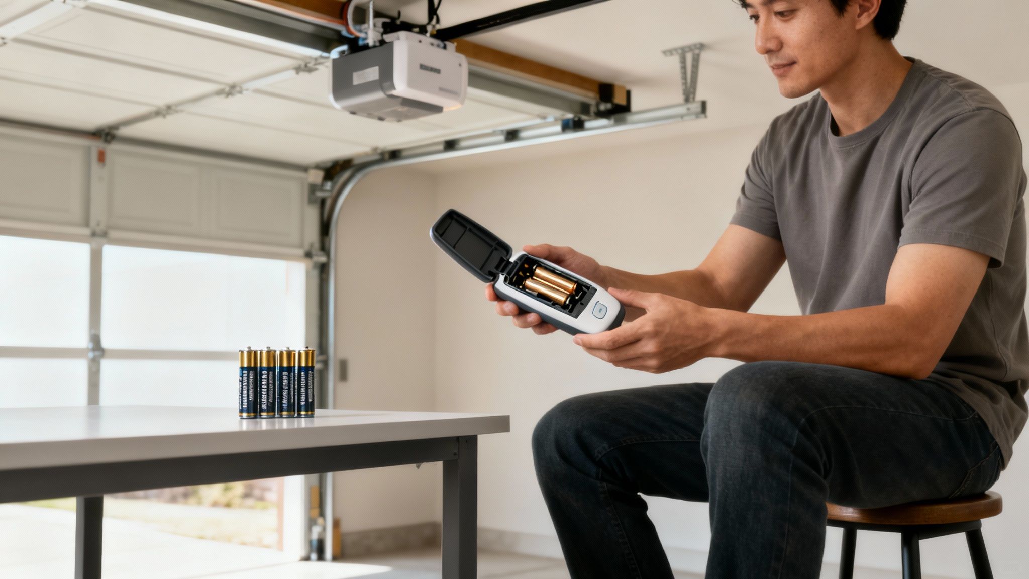 A person holding a garage door opener remote and pressing a button.